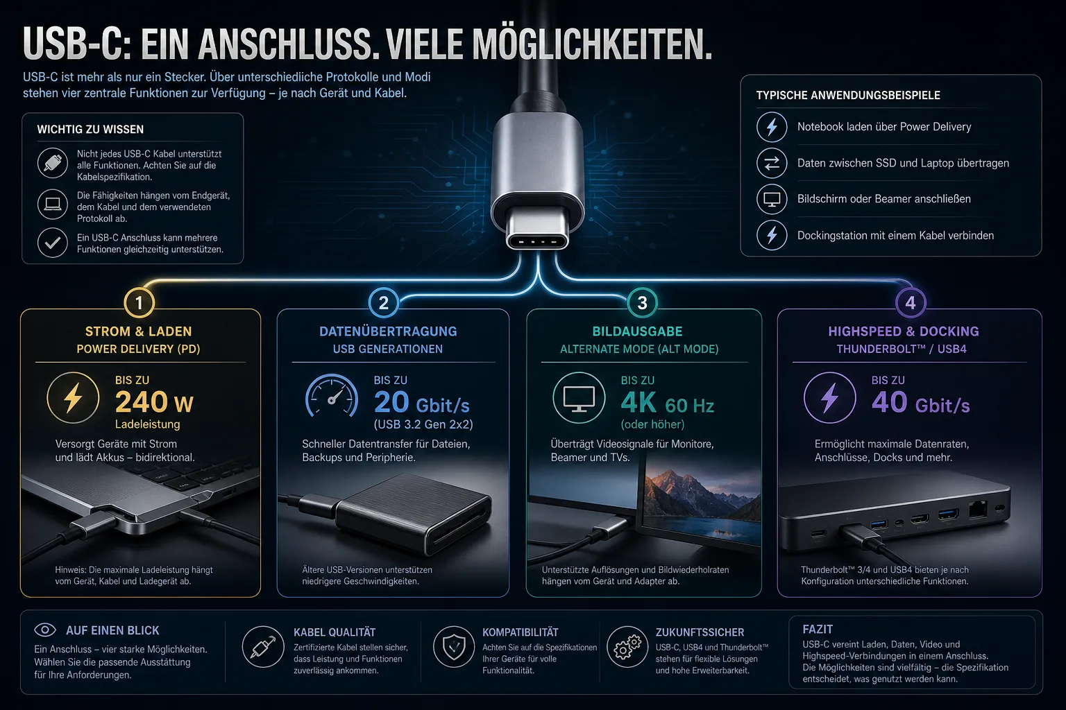 Infografik zu USB-C-Fähigkeiten: Power Delivery, Datenrate, DisplayPort Alt Mode, USB4 und Thunderbolt