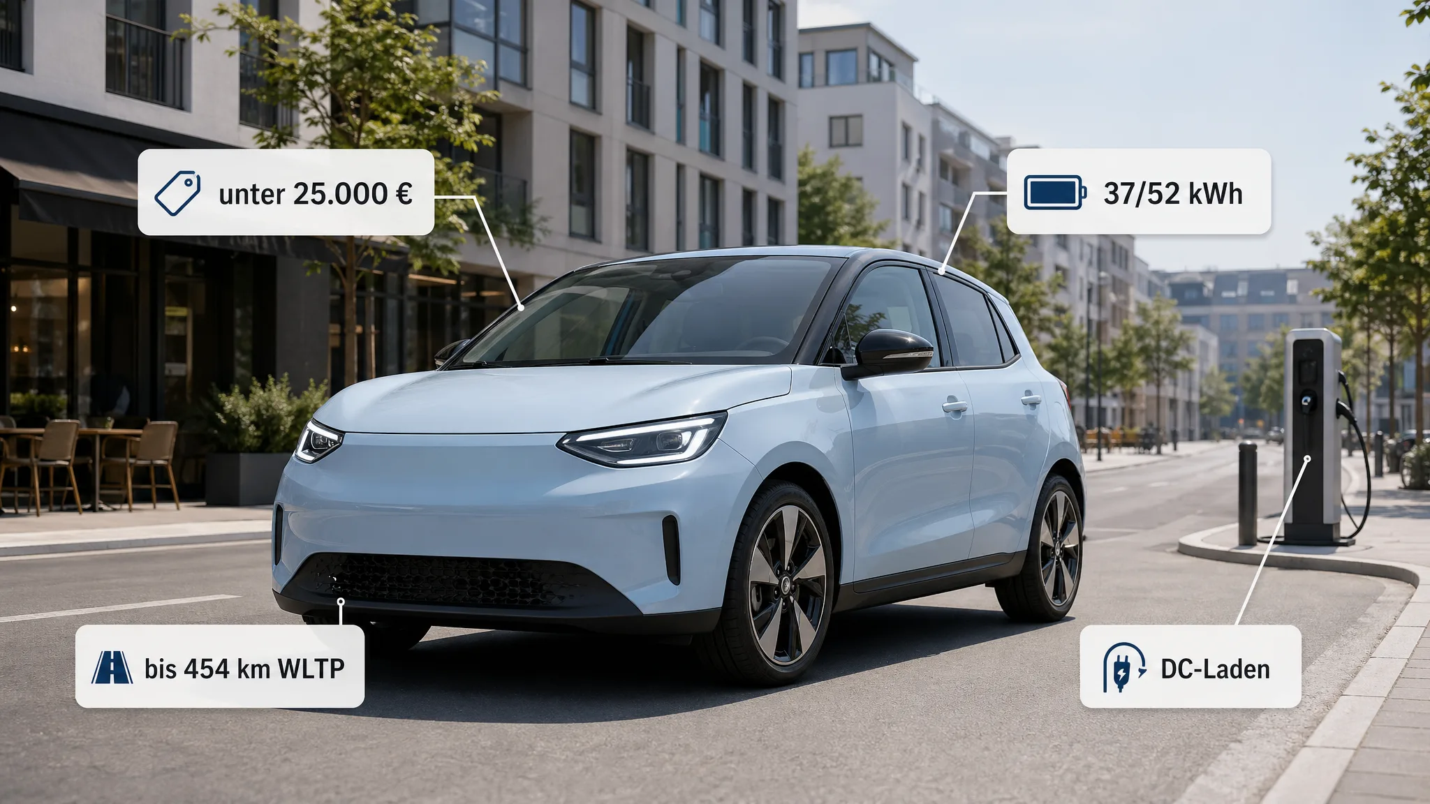 Generischer elektrischer Kleinwagen mit Preis-, Akku- und Reichweitenhinweisen
