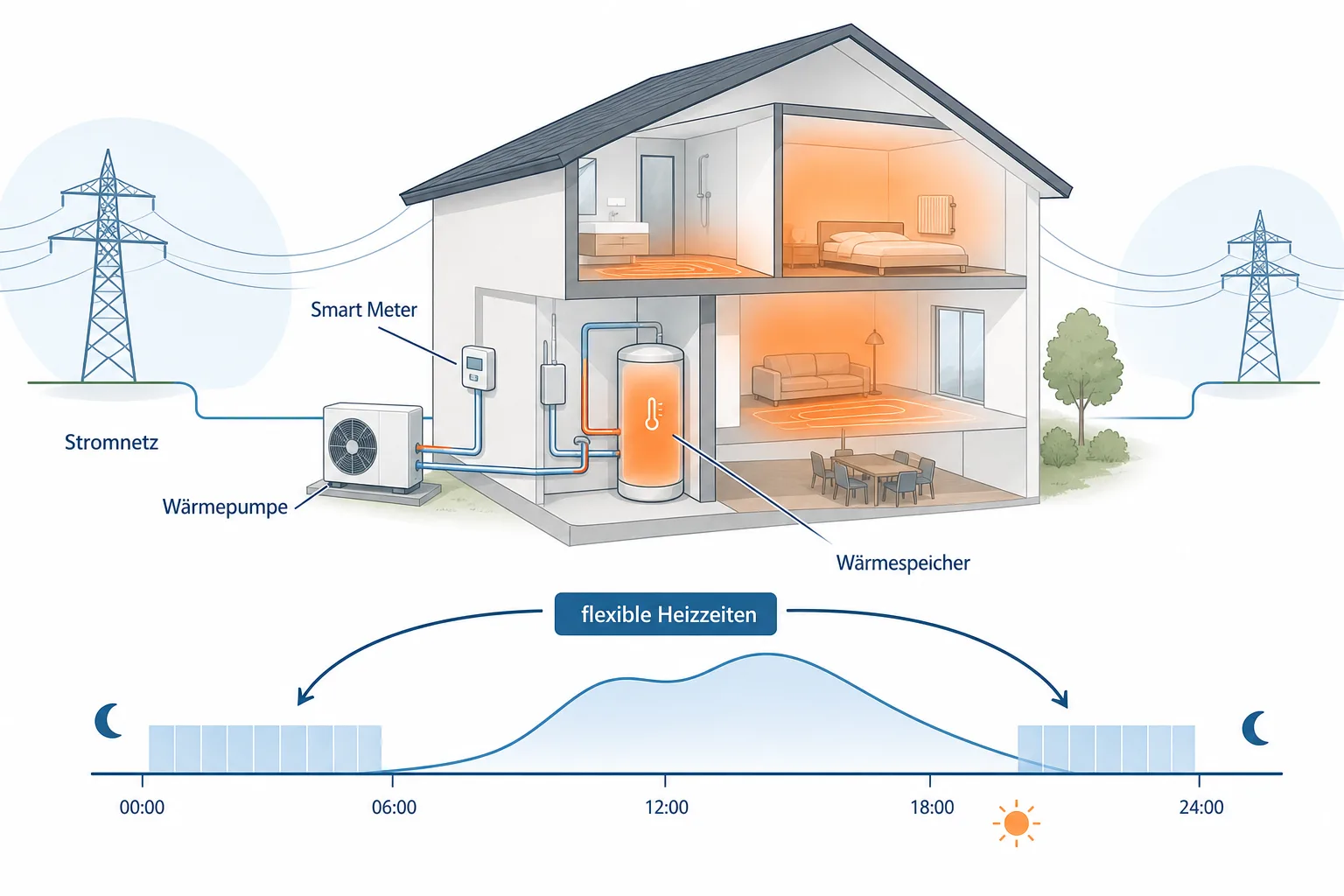 Wärmepumpe, Smart Meter und Stromnetz mit flexiblen Heizzeiten