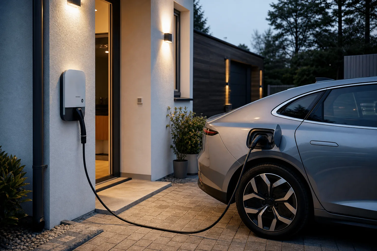 Modernes europäisches Eigenheim mit E-Auto an einer privaten Wallbox in der Einfahrt