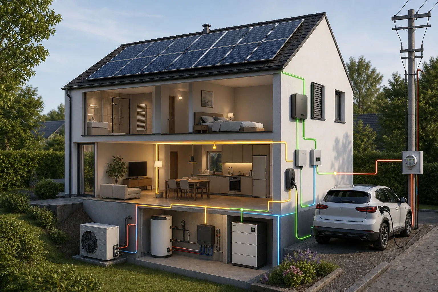 Konzeptgrafik von Wallbox, Wärmepumpe, Photovoltaik, Batteriespeicher und Hausanschluss mit Lastmanagement