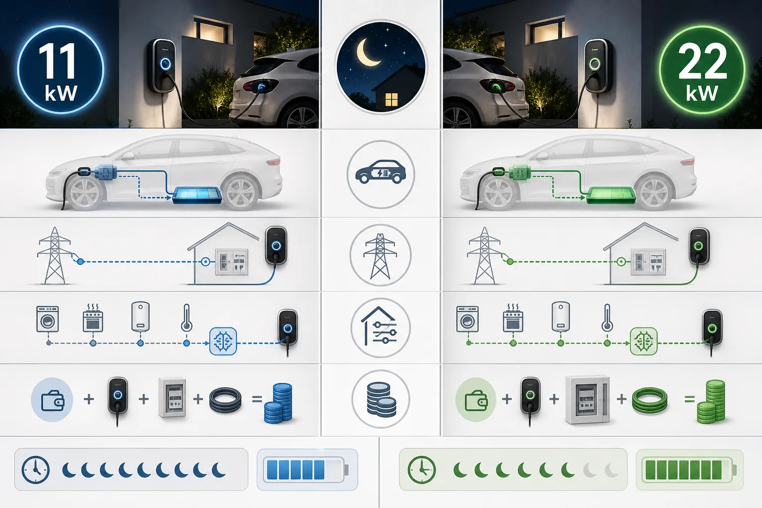 Abstrakte Infografik zum Vergleich von 11 kW und 22 kW Wallbox-Ladeleistung
