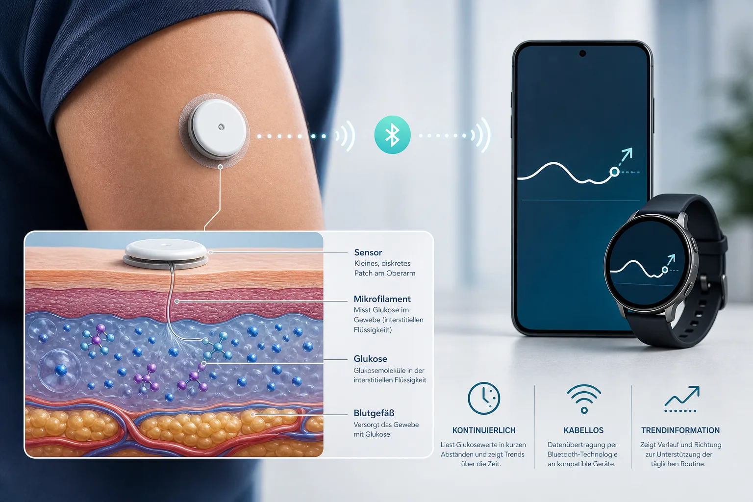 Editoriale Infografik: CGM-Sensor am Oberarm, Gewebeflüssigkeit, Glukosesignal, Smartphone und Smartwatch mit neutralen Trendpfeilen.