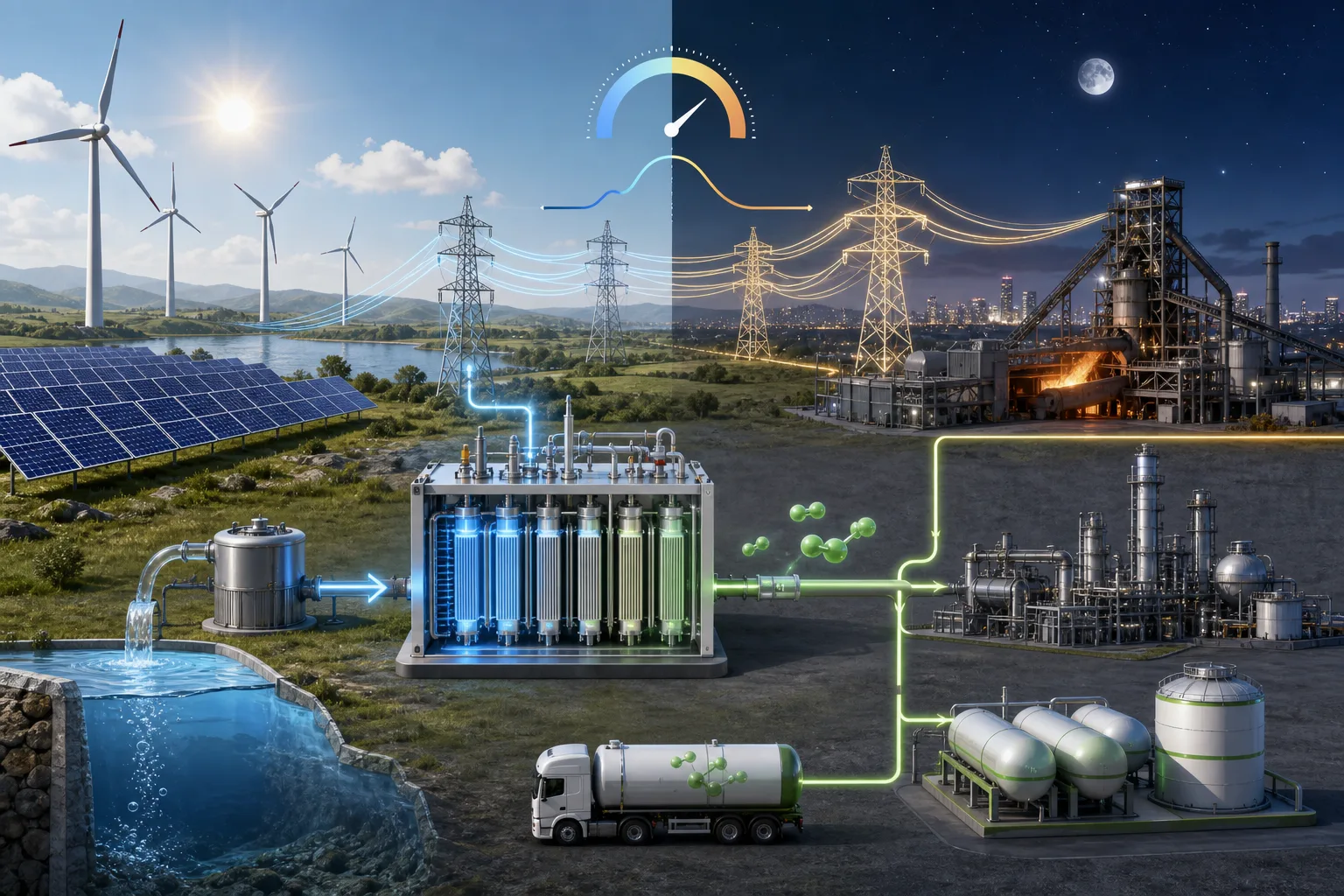 Infografik: Erneuerbarer Strom versorgt einen Elektrolyseur, der Wasser in Wasserstoff für Industrie und Speicher umwandelt.