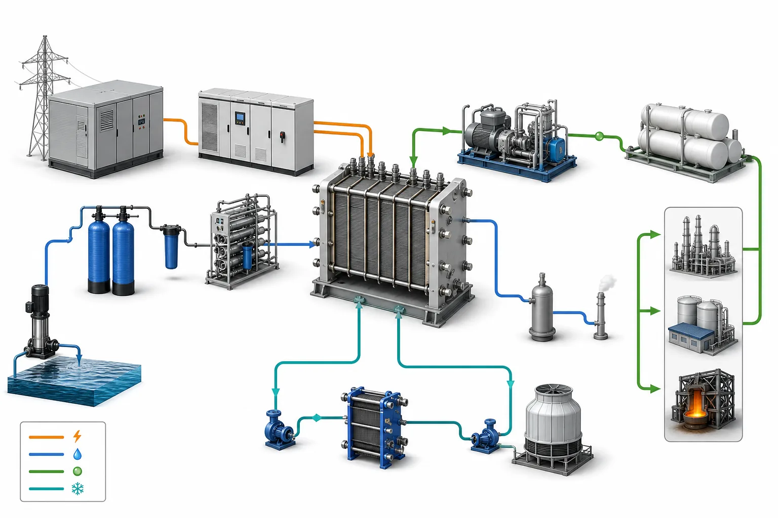 Technische Infografik mit Elektrolyse-Stack, Leistungselektronik, Wasseraufbereitung, Verdichtung, Speicher und Industrieabnehmer.
