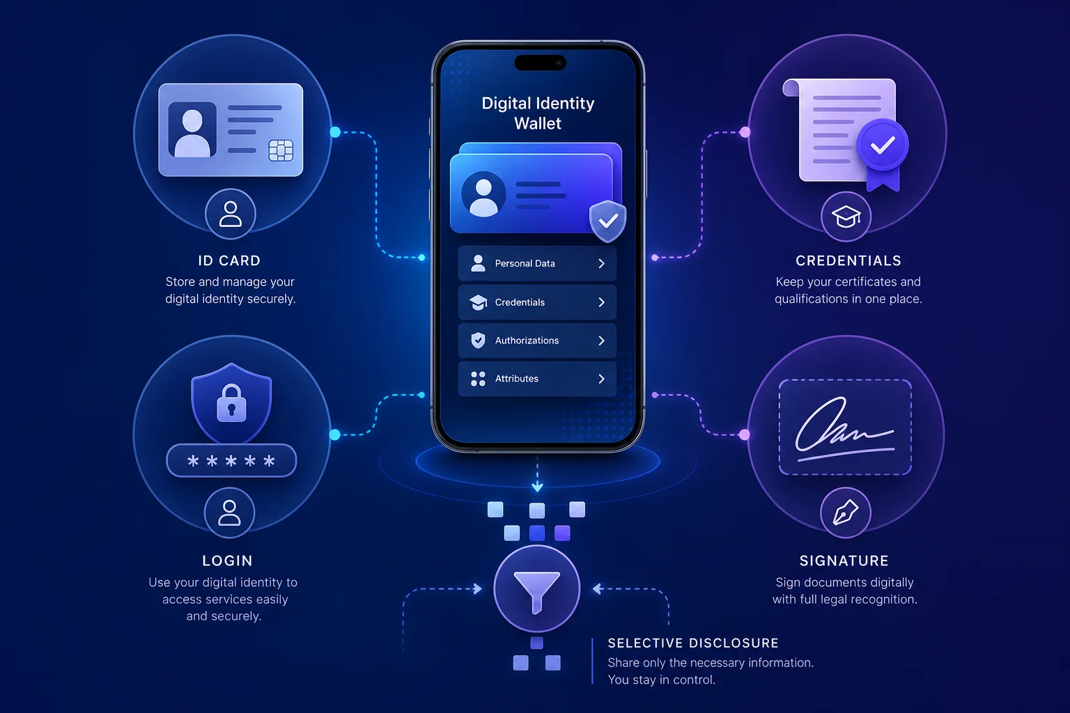 Schematische Grafik einer digitalen Identitäts-Wallet mit Ausweis, Nachweisen, Login, Signatur und selektiver Datenfreigabe.