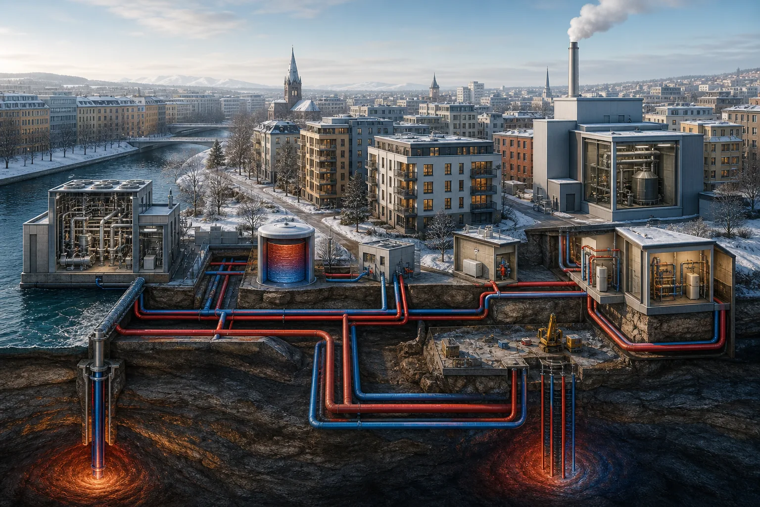 Hochwertige Infografik einer europäischen Stadt mit Fernwärmenetz, Heizwerk, Großwärmepumpe, Abwärmequelle und Vorlauf- sowie Rücklaufleitungen.