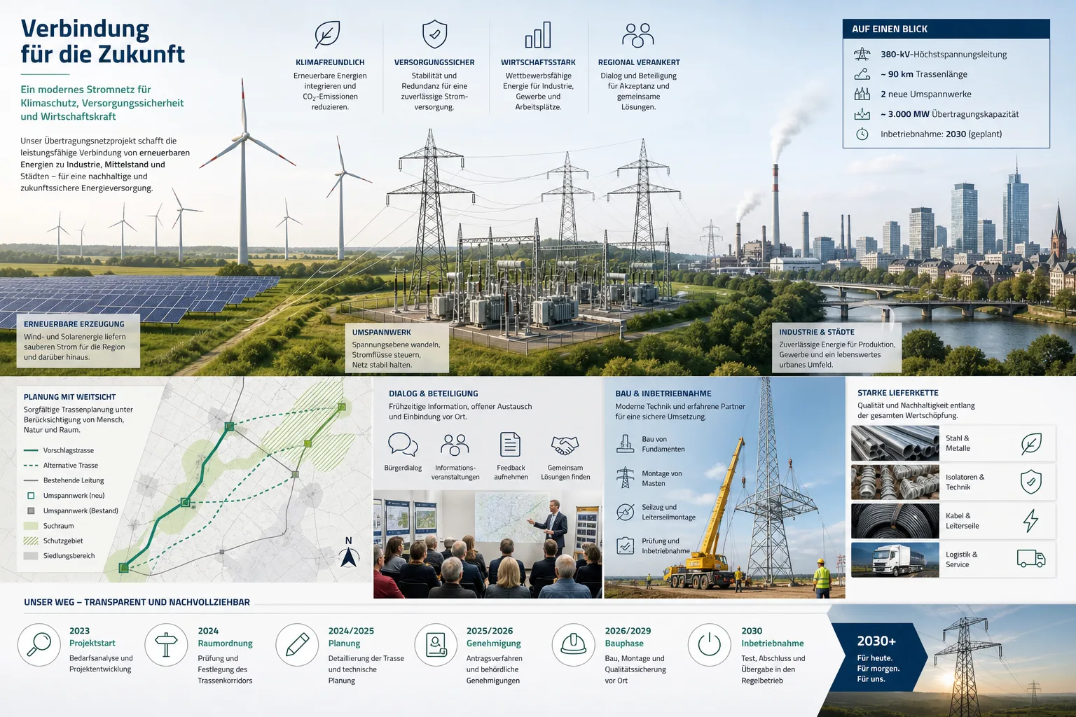 Editoriale Infografik zum Netzausbau mit Stromtrasse, Umspannwerken, Planungsunterlagen, Beteiligung und erneuerbaren Energien.