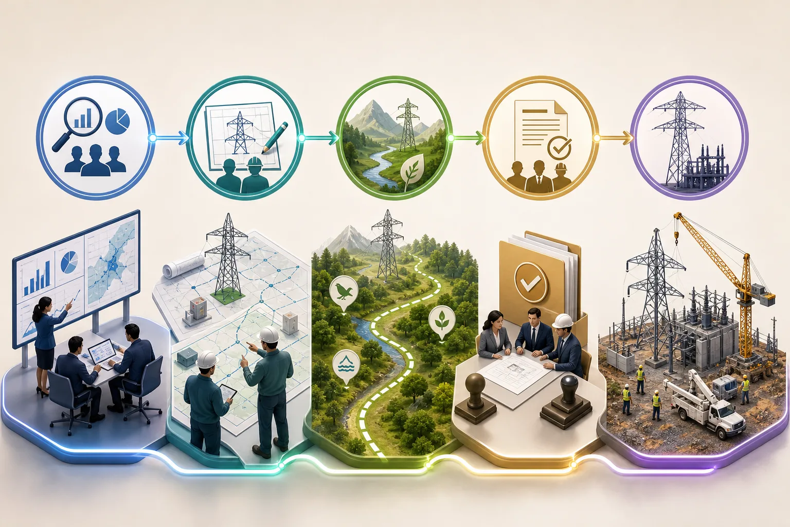 Erklärgrafik der Netzausbau-Kette von Bedarfsermittlung über Planung und Genehmigung bis Bau und Betrieb.