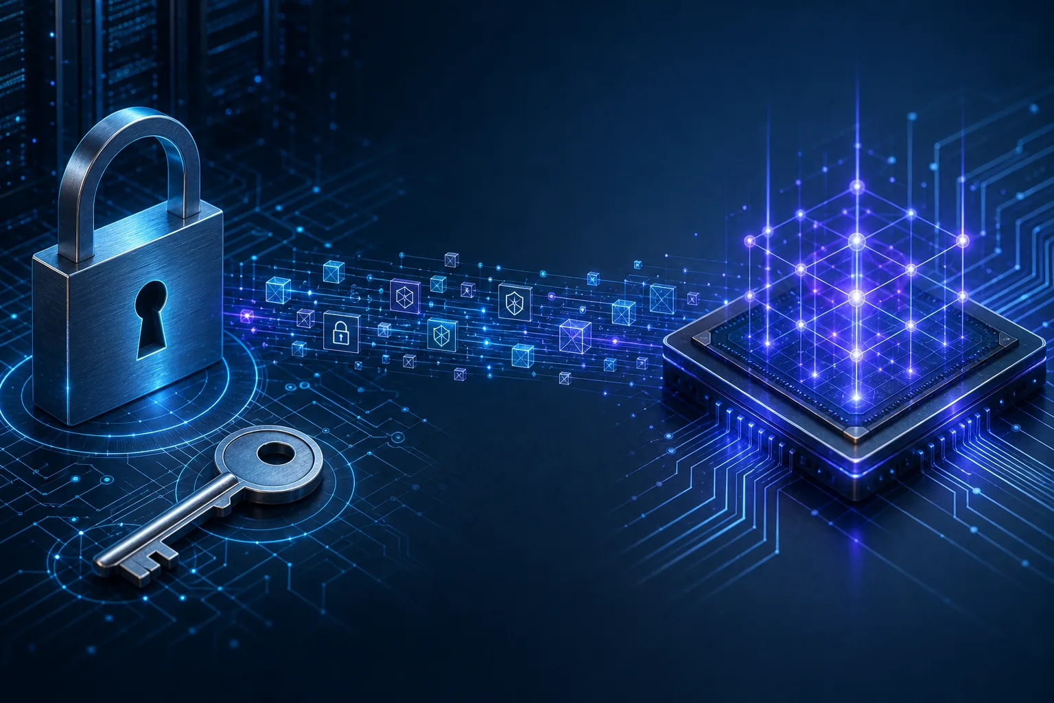 Abstrakte Illustration zur Post-Quantum-Kryptografie mit digitalem Schloss, Datenverbindungen und Quantenchip