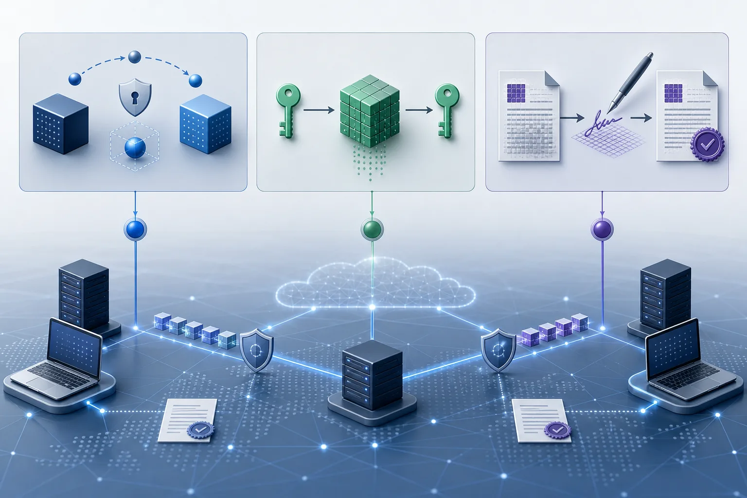 Konzeptgrafik zu ML-KEM, ML-DSA und SLH-DSA als Bausteinen quantensicherer Kryptografie