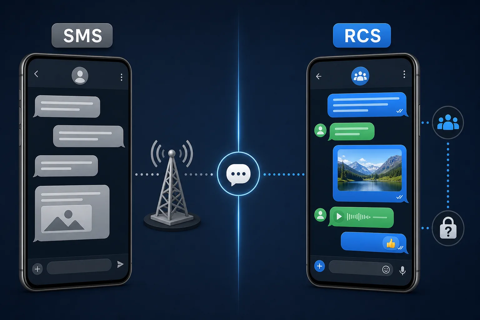 Grafische Darstellung von RCS als modernem SMS-Nachfolger mit Chat-Funktionen, Smartphone-Symbolen und Datenschutz-Hinweis.