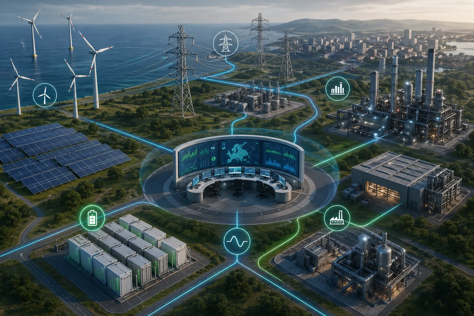 Illustration von Netzstabilität, Kosten, Netzausbau, Speicher und flexiblen Lasten im Zusammenhang mit Redispatch