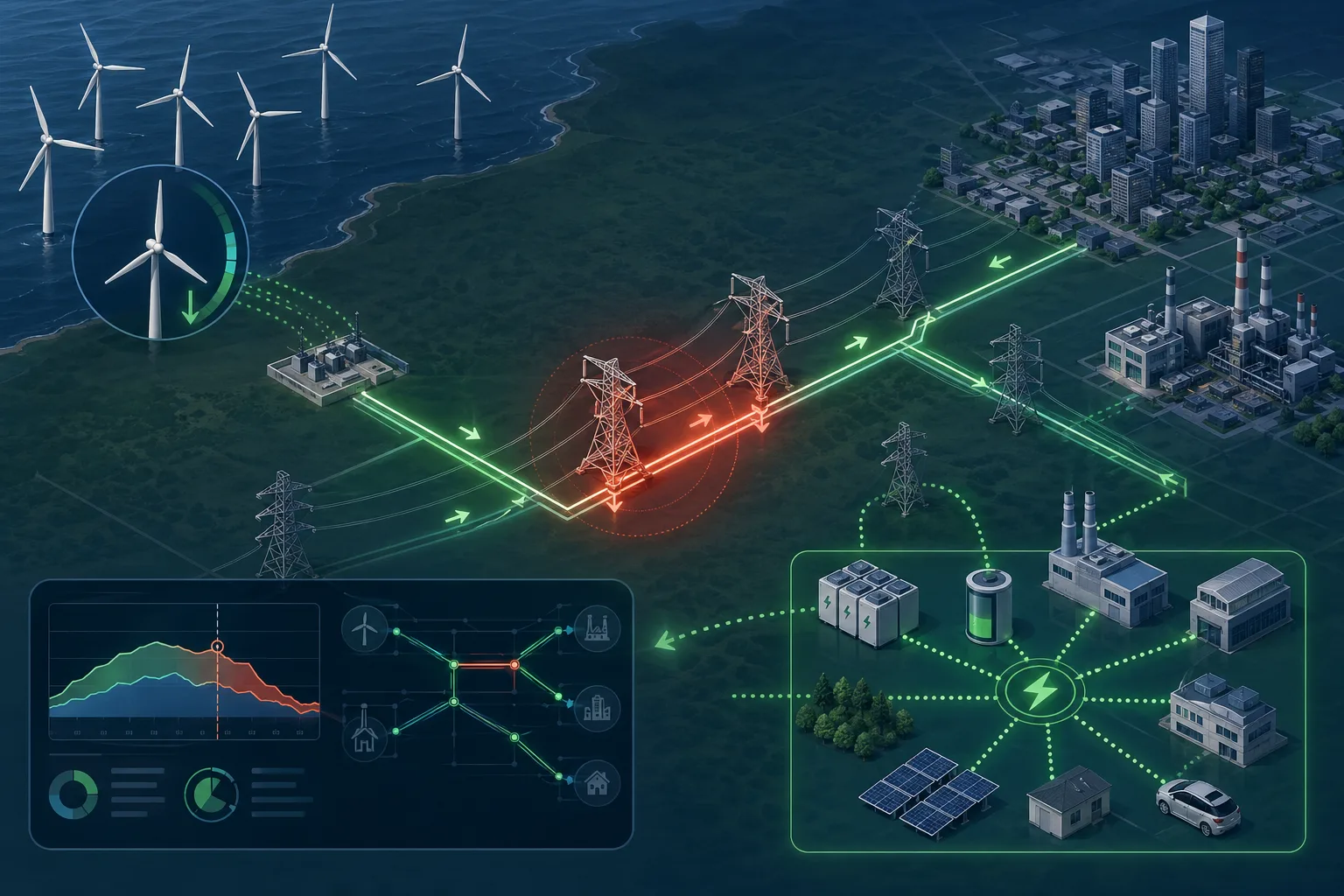 Schematische Illustration von Windstrom, Netzengpass, Redispatch und Ersatzleistung im Stromnetz