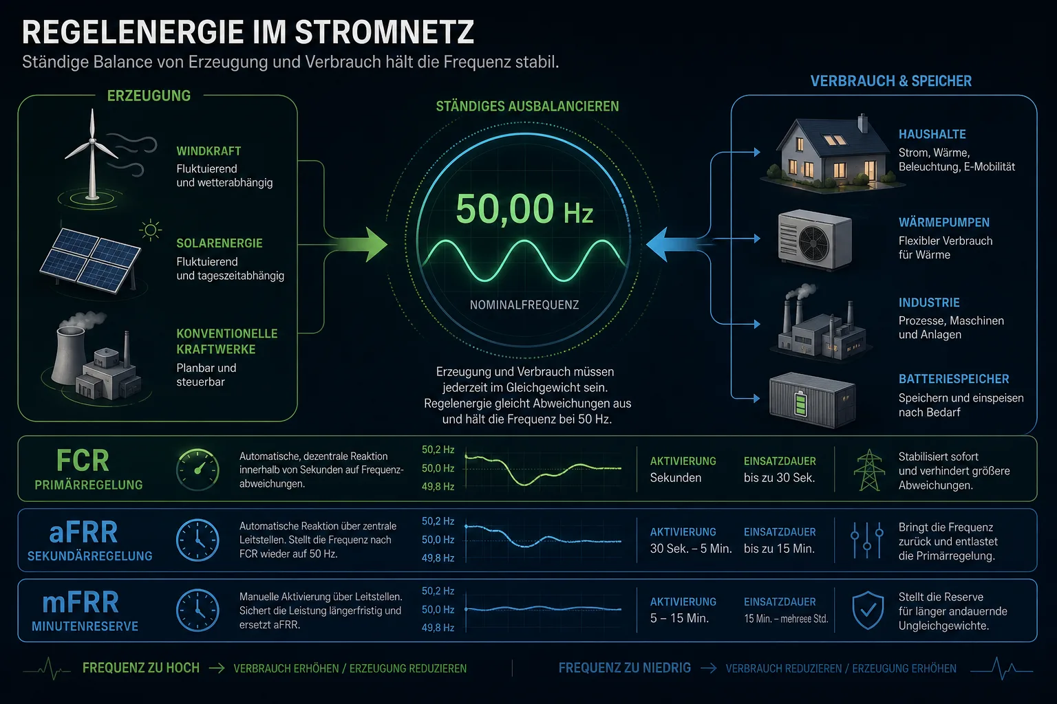 Infografik zur Regelenergie: Erzeugung, Verbrauch und Speicher werden um eine 50-Hertz-Frequenzanzeige im Stromnetz ausbalanciert.