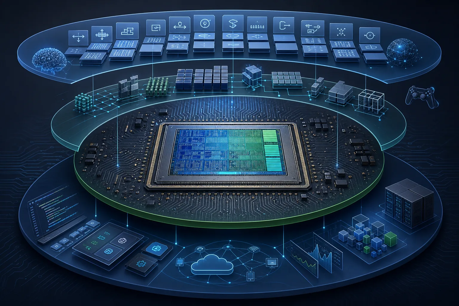 Hochwertige Infografik eines abstrakten Prozessors mit Schichten für Befehlssatz, Mikroarchitektur, Chipdesign und Software-Ökosystem.