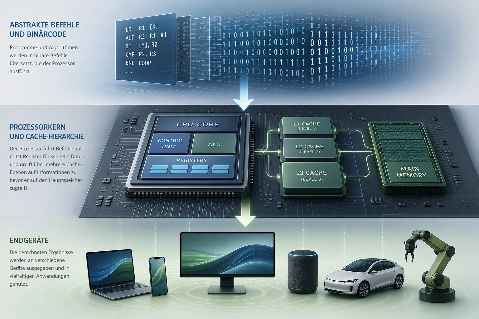Dreischichtige Infografik, die Befehlssatz, konkrete CPU-Implementierung und Gerät oder System voneinander trennt.