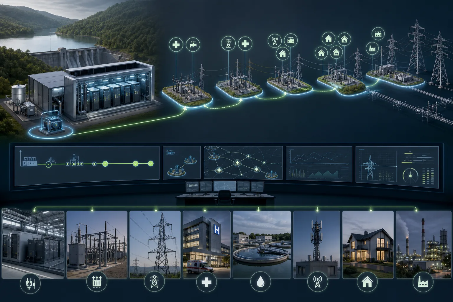 Infografik zum Netzwiederaufbau: Eine schwarzstartfähige Anlage baut Netzinseln auf, die Schritt für Schritt wieder verbunden werden.