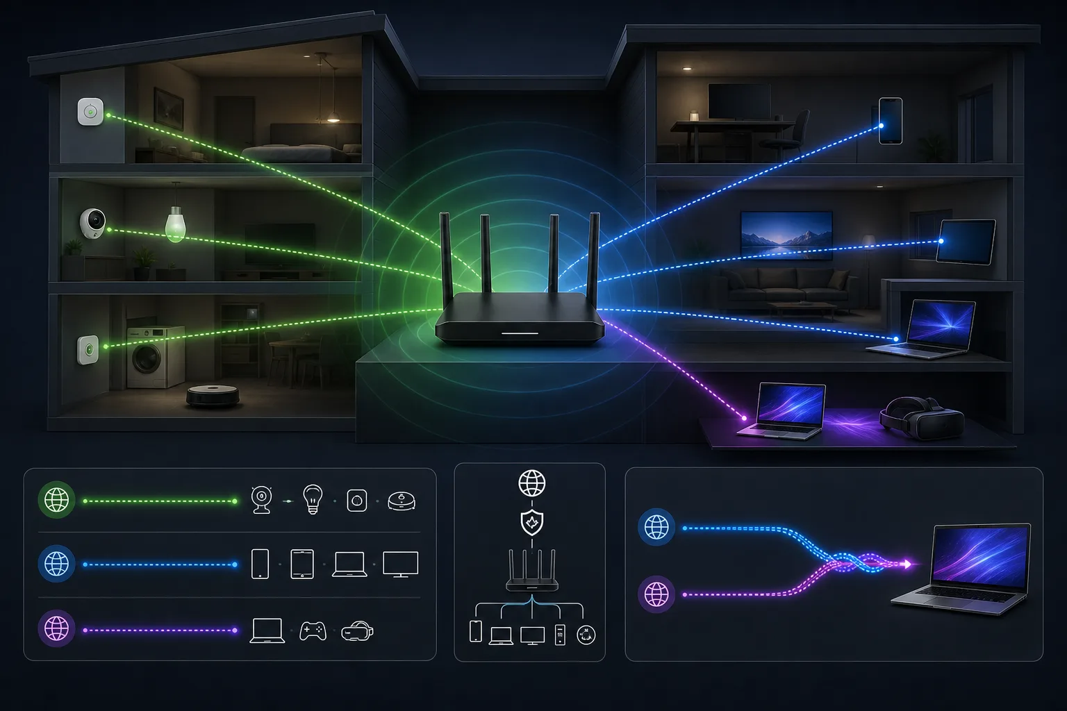 Infografik eines Heimnetzwerks mit Wi‑Fi‑7-Router, 2,4‑GHz-, 5‑GHz- und 6‑GHz-Verbindungen sowie Multi-Link-Operation zu einem Endgerät.