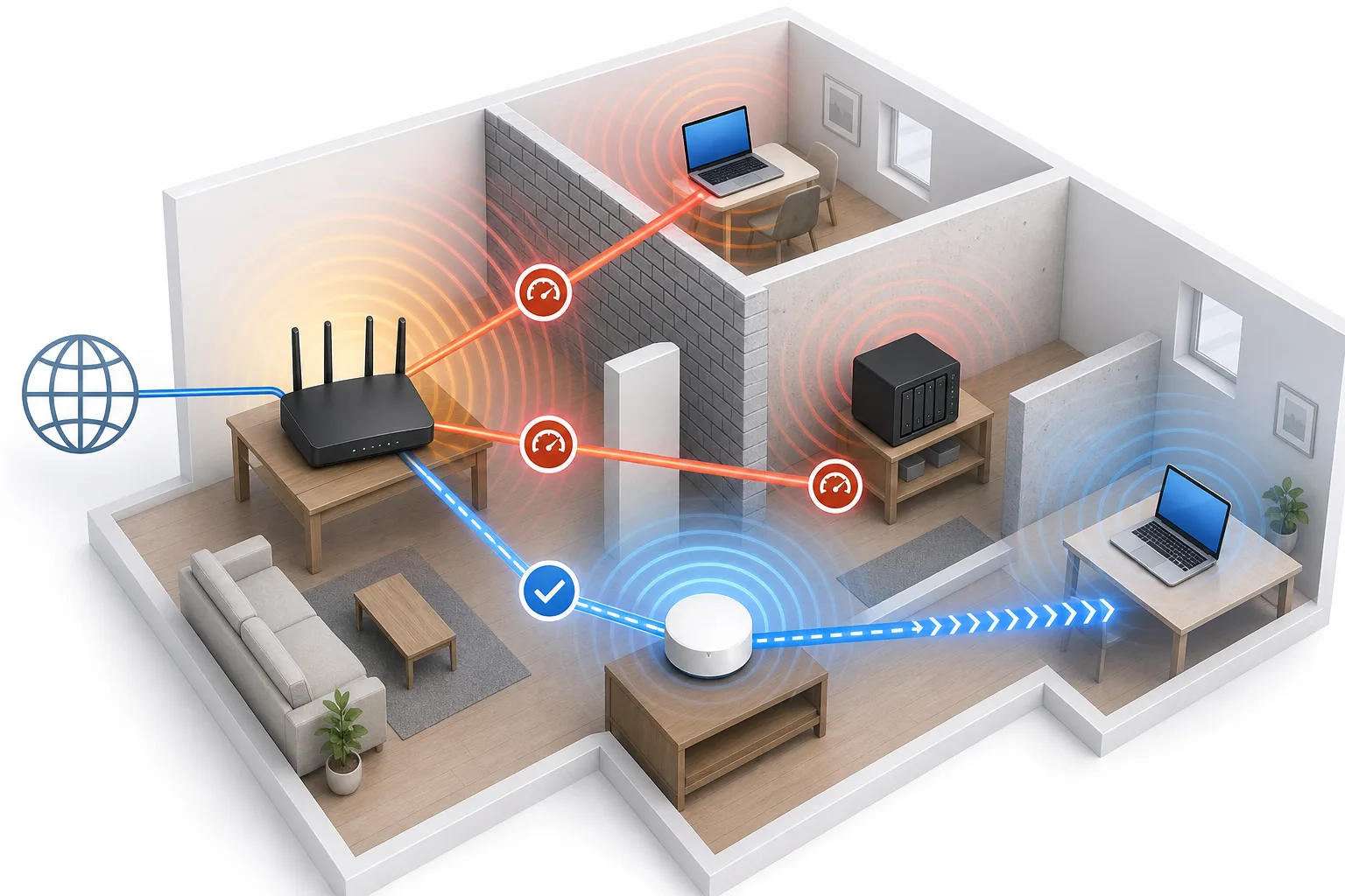 Schematische Darstellung von Router, Endgerät, Internetanschluss, Mesh-Backhaul und Störquellen als mögliche WLAN-Flaschenhälse.