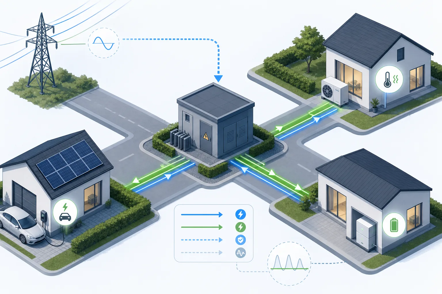 Diagramm eines lokalen Stromnetzes mit Wärmepumpe, Wallbox und Speicher als steuerbare Verbrauchseinrichtungen nach §14a EnWG.