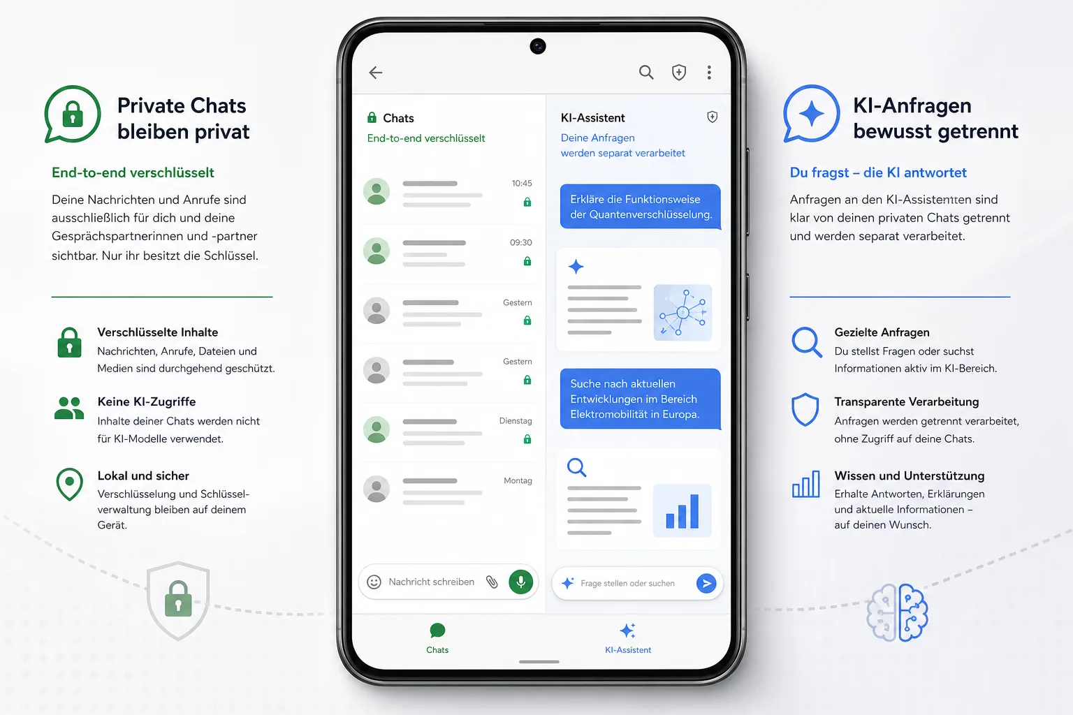 Editoriale Infografik zu Meta AI in WhatsApp, privaten Chats, KI-Anfragen, Suche und Datenschutzgrenzen.