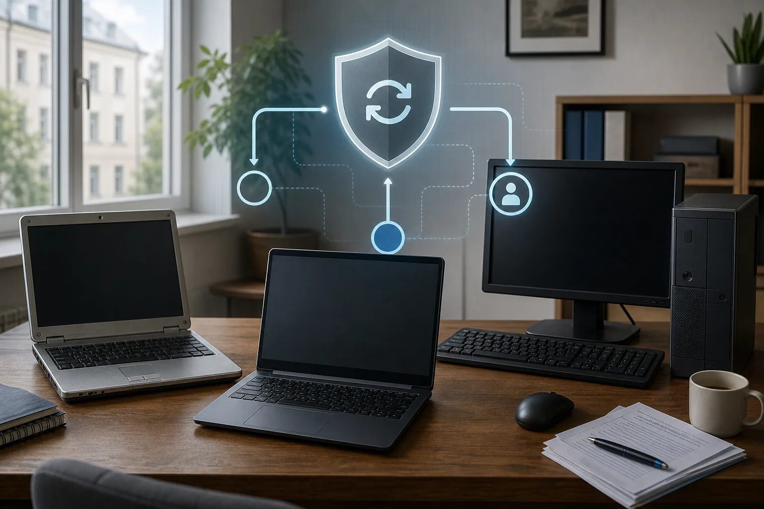 Ältere Windows-10-PCs und ein neueres Notebook als Symbol für Update-, ESU- und Ersatzentscheidungen im Jahr 2026.