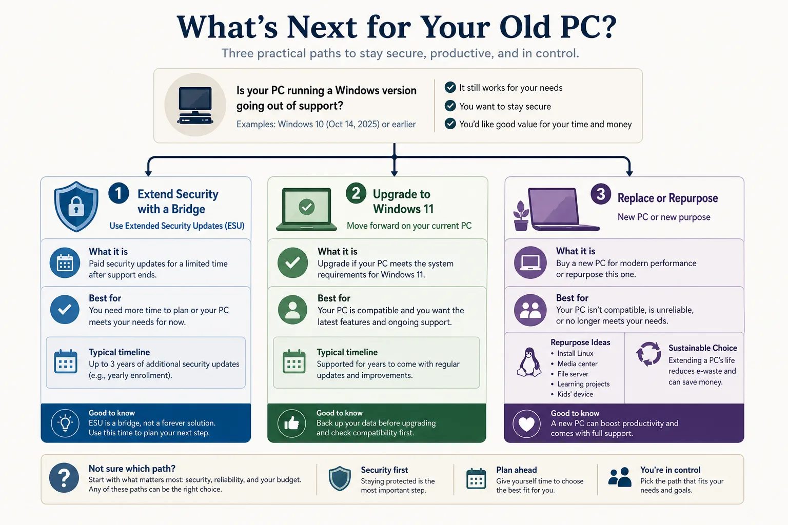 Entscheidungsdiagramm für Windows 10 ESU, Windows 11 Upgrade oder Gerätewechsel.