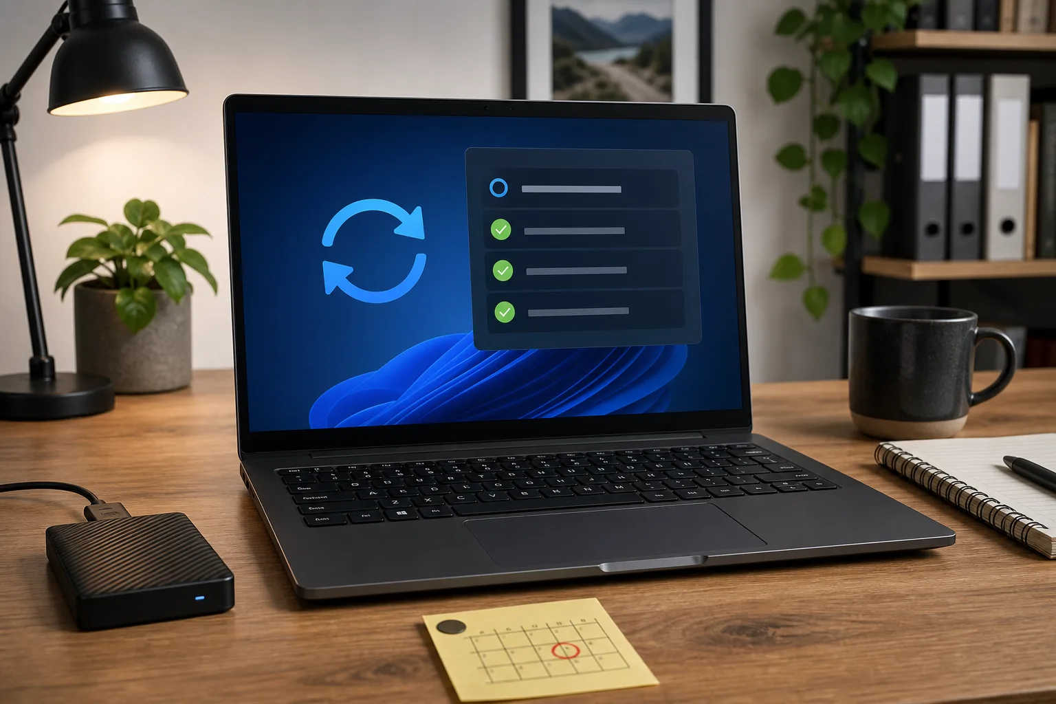 Windows-10-Laptop mit abstrakter Sicherheitsupdate- und Backup-Checkliste.