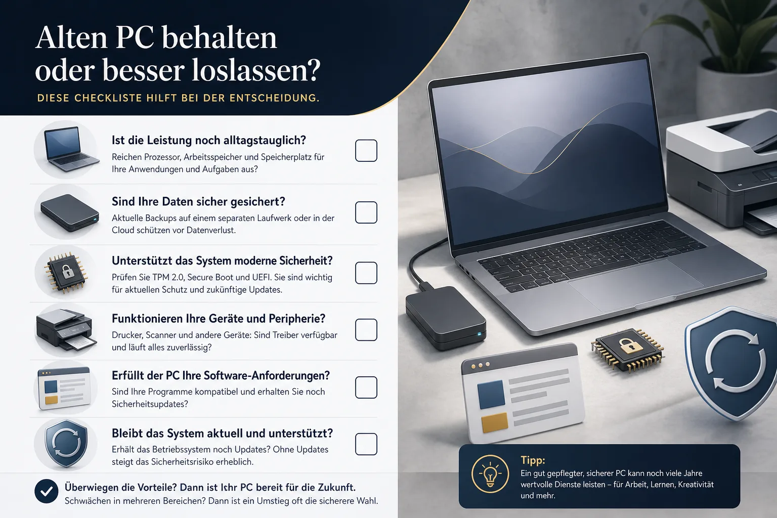 Editorial-Grafik zu Backup, Windows-11-Anforderungen, Fachsoftware, Peripherie und Sicherheitsupdates als Prüfpunkt.