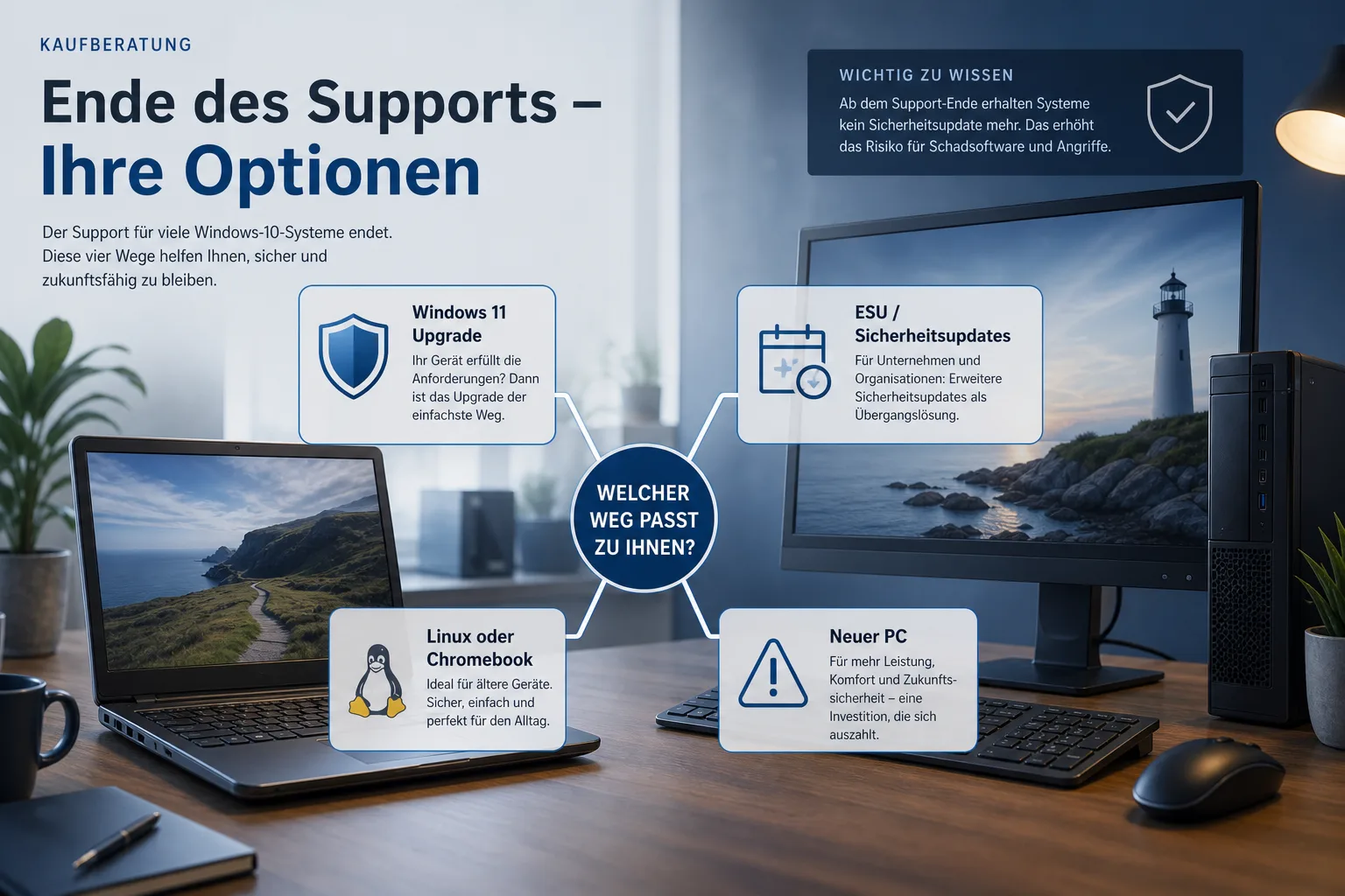 Polierte Editorial-Infografik zu Windows-10-Support-Ende, Sicherheitsupdates und sicheren Geräteoptionen ohne Microsoft-Logo oder echte Oberfläche.