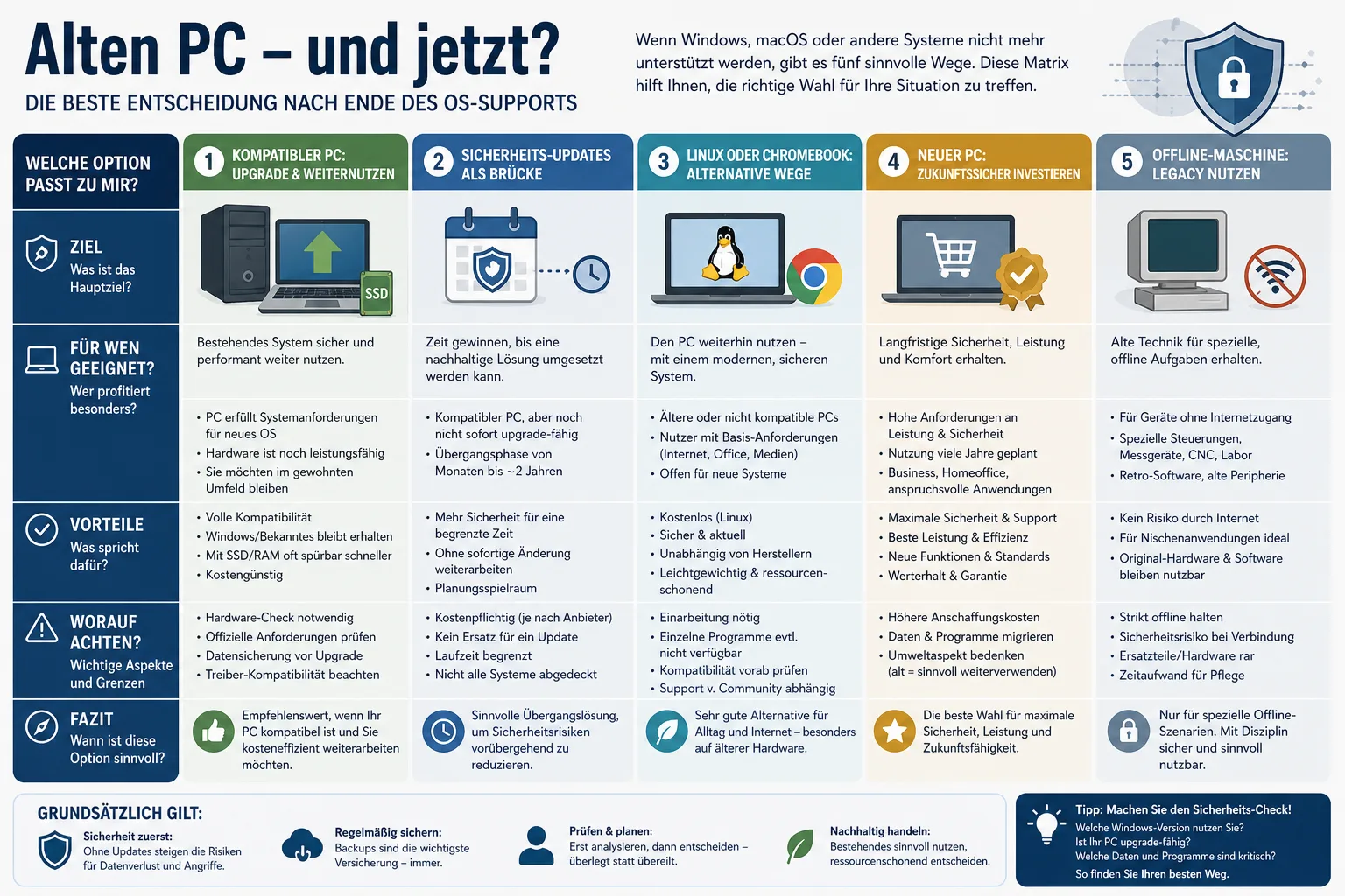 Infografik zur Entscheidung zwischen Windows 11, ESU, Linux/Chromebook, neuem PC und Offline-Nutzung nach Risiko und Gerätetyp.