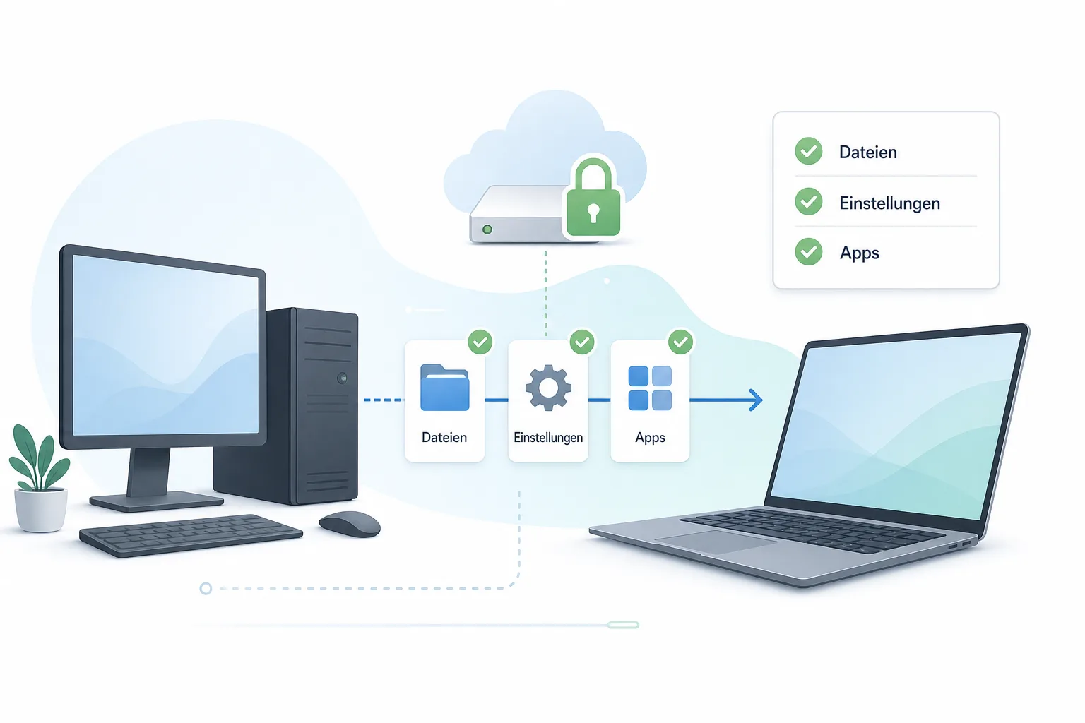 Illustration: alter PC, neuer Laptop und Backup-Karten für Dateien, Apps und Einstellungen.