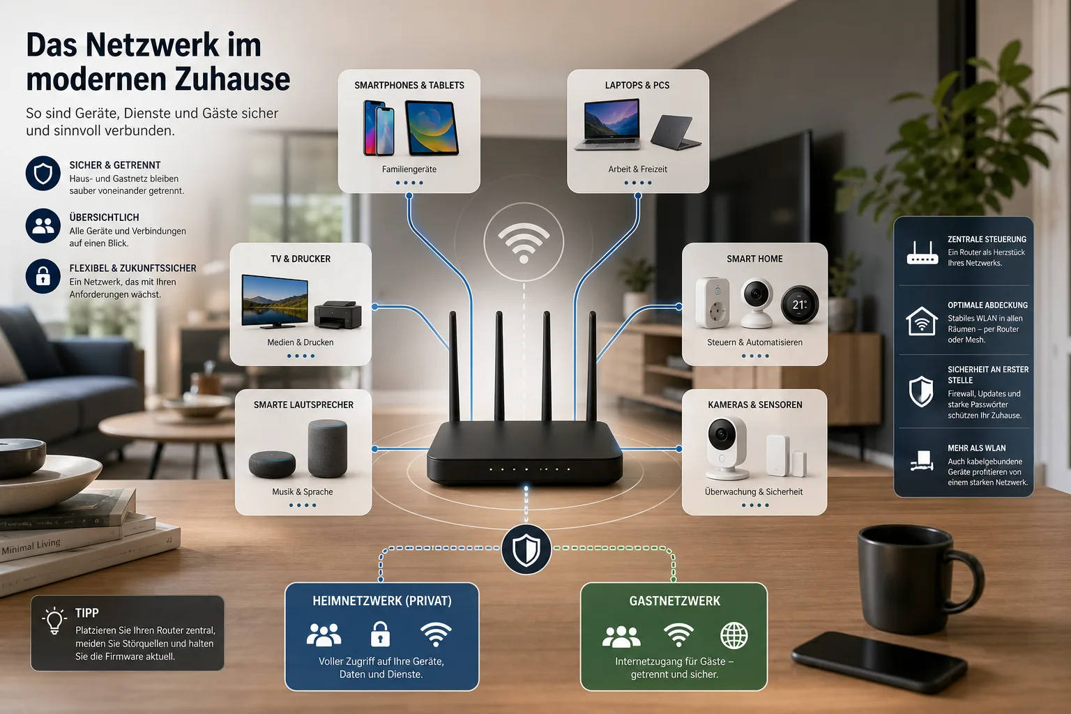 Editorial-Infografik eines Heimnetzes mit Router, Smartphone, TV, Drucker, Smart-Home-Geräten und Gastnetz
