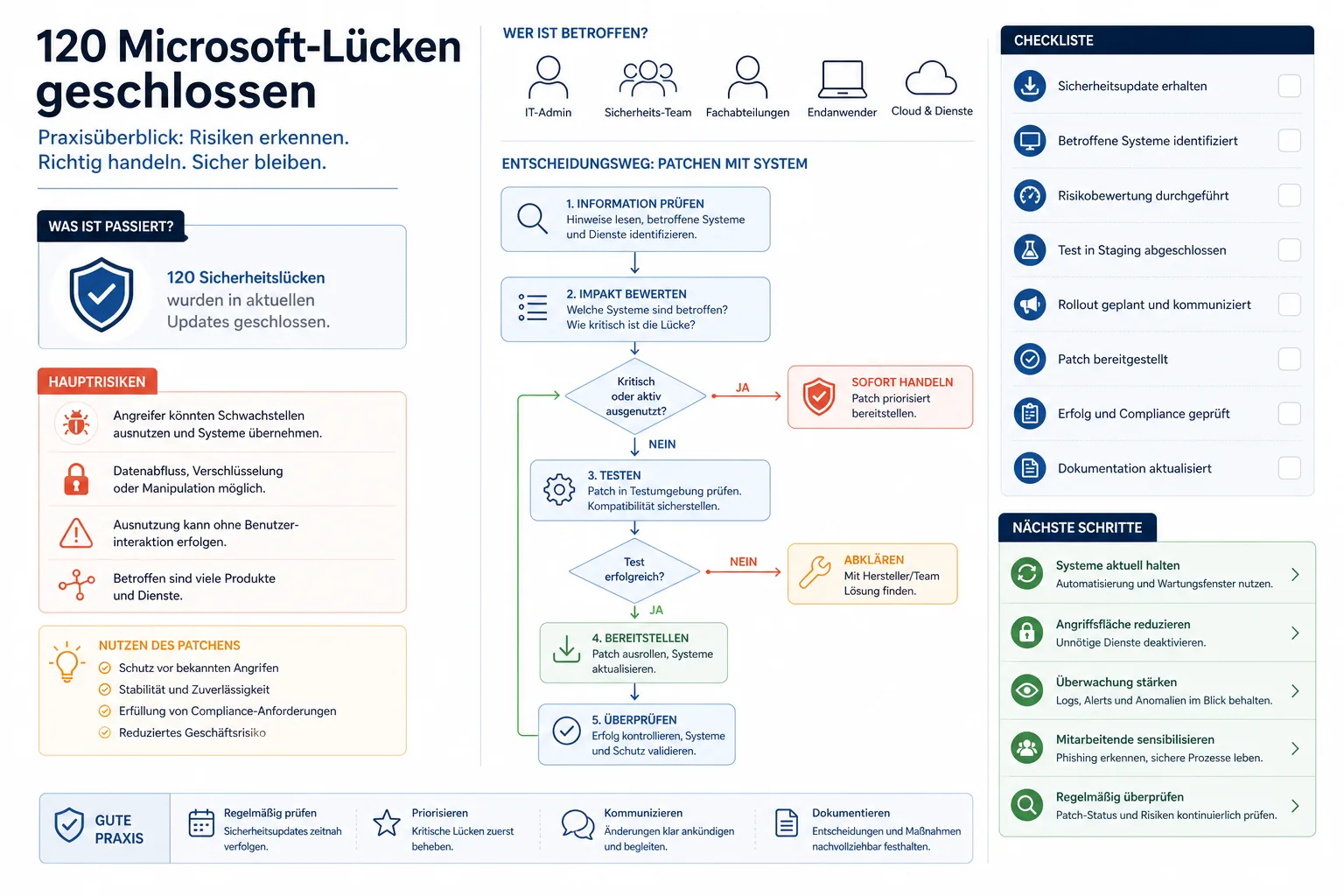 120 Microsoft-Lücken geschlossen: 120 Microsoft-Lücken geschlossen: Praxis-Checkliste mit Risiken und nächsten Schritten.