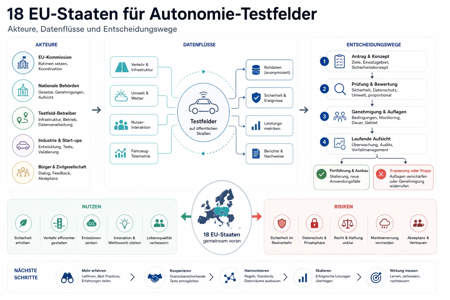 18 EU-Staaten für Autonomie-Testfelder: Überblick über Akteure und Zusammenhänge.