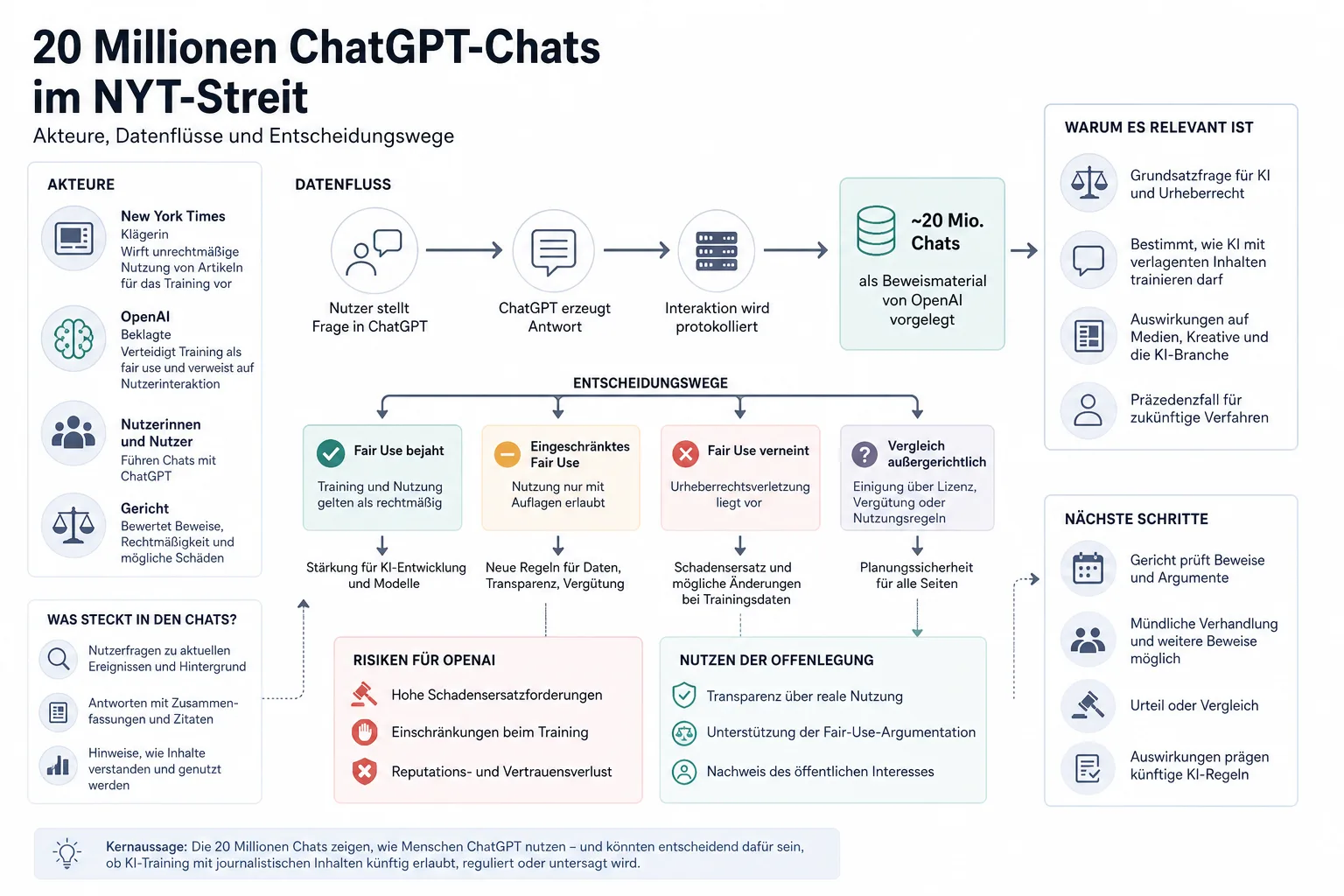 20 Millionen ChatGPT-Chats im NYT-Streit: Überblick über Akteure und Zusammenhänge.