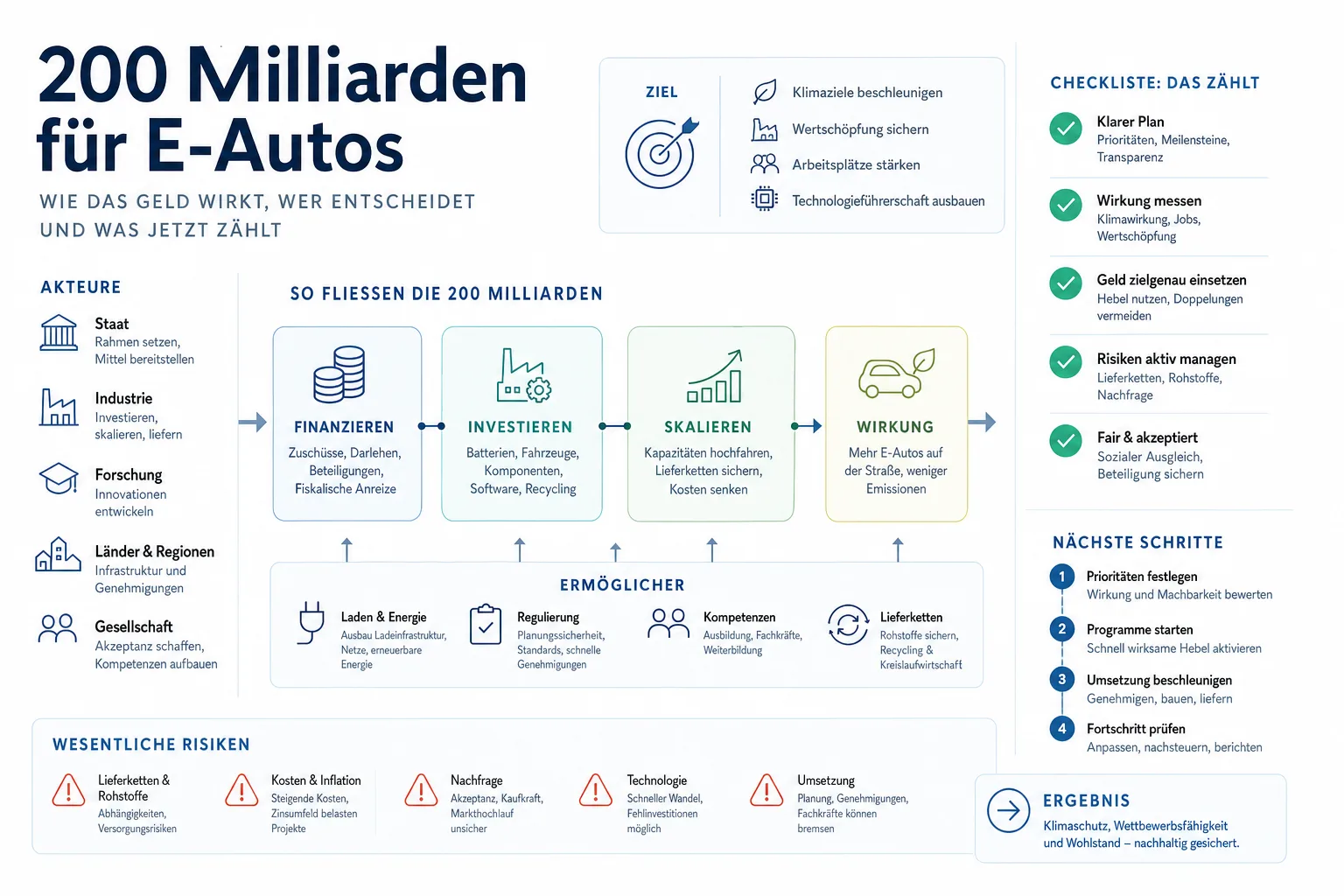 200 Milliarden für E-Autos: 200 Milliarden für E-Autos: Praxis-Checkliste mit Risiken und nächsten Schritten.