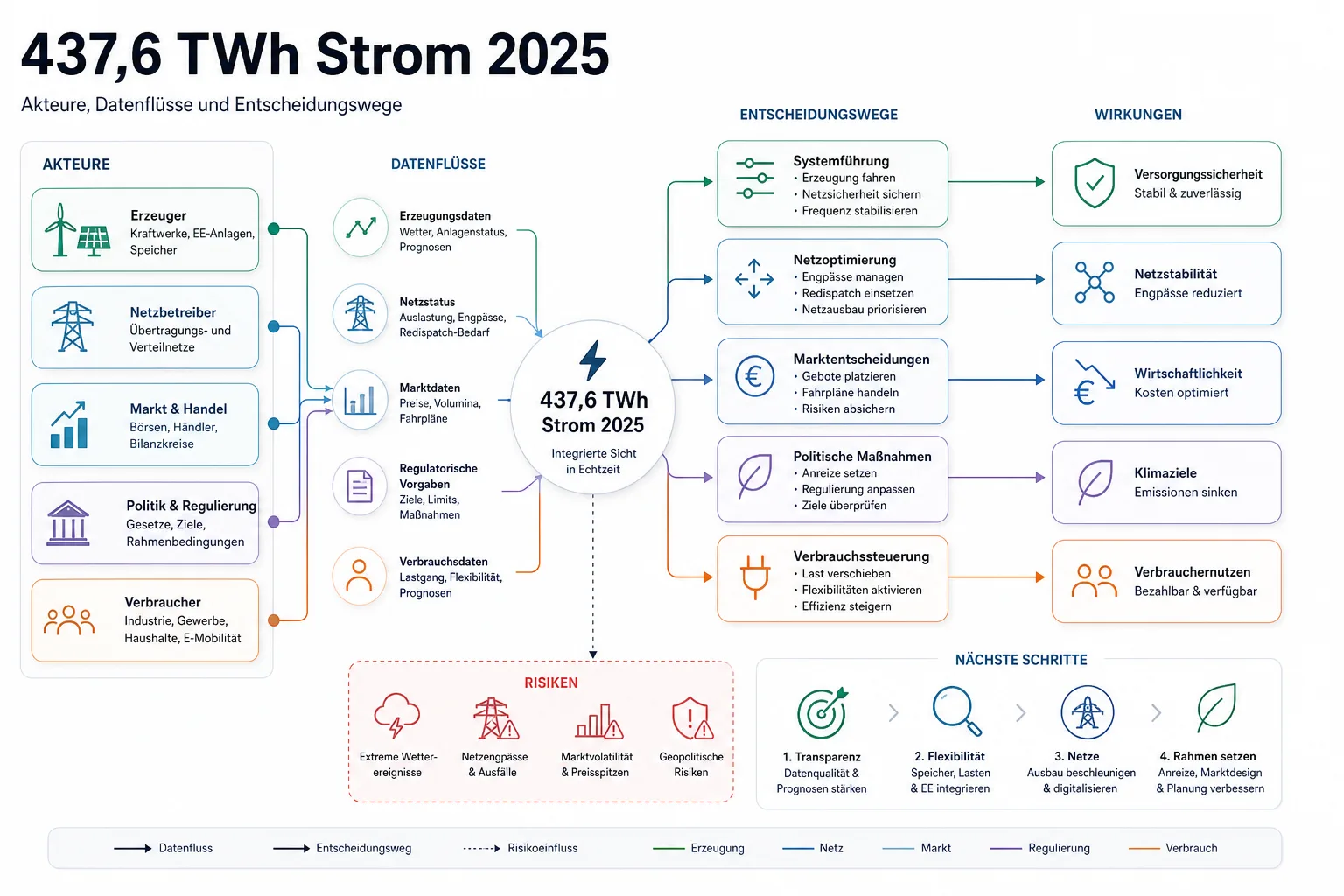 437,6 TWh Strom 2025: Überblick über Akteure und Zusammenhänge.
