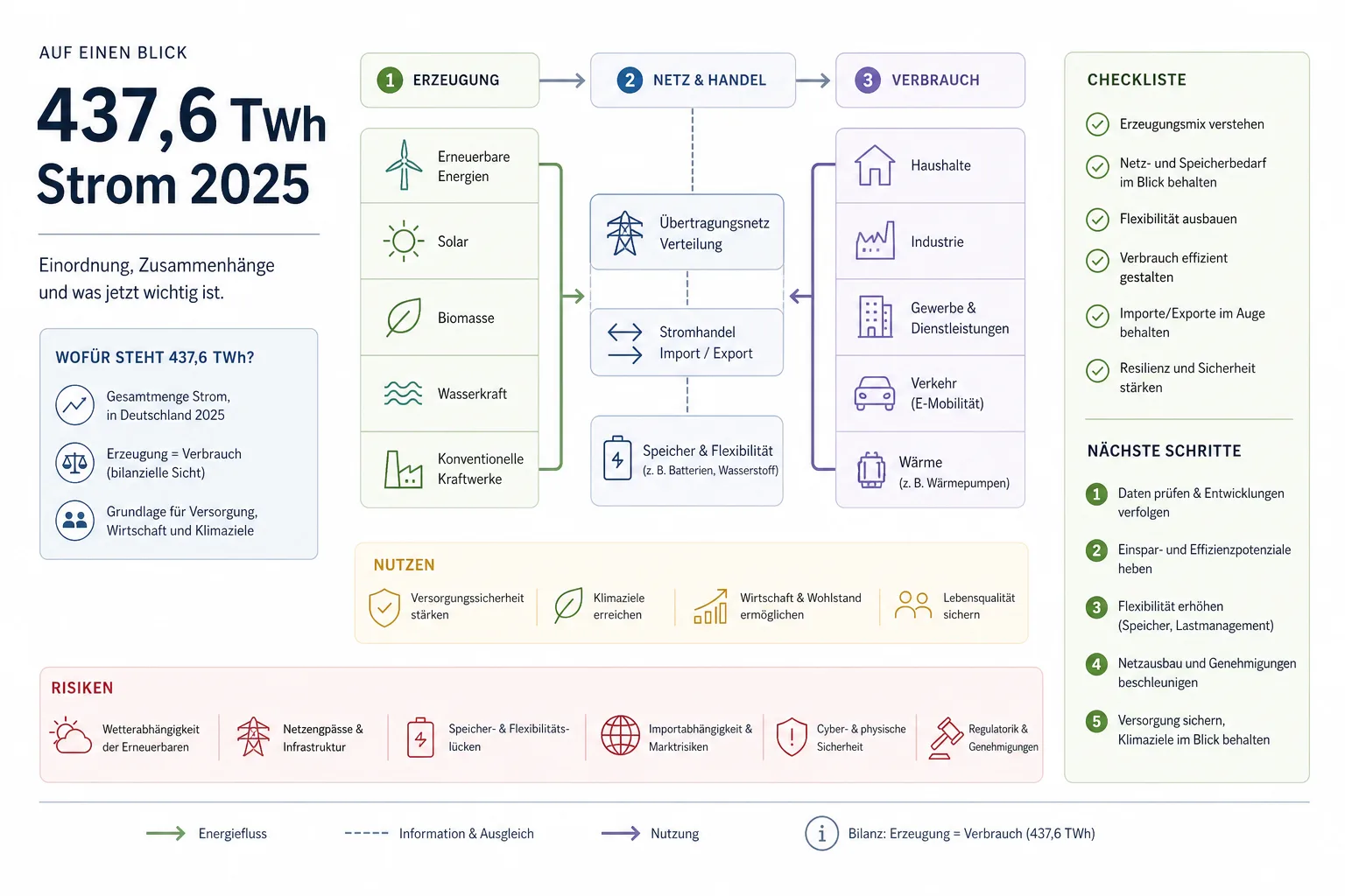 437,6 TWh Strom 2025: Praxis-Checkliste mit Risiken und nächsten Schritten.