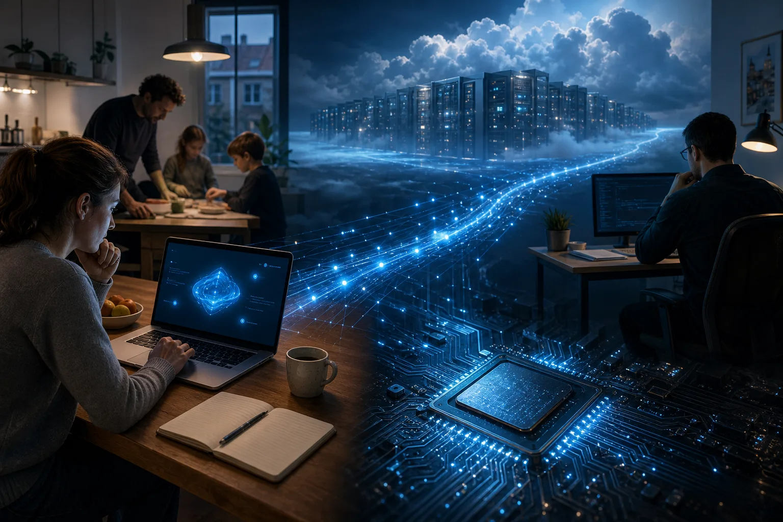 digitale Wirtschaft und Technologiepolitik: redaktionelle Visualisierung mit Datenflüssen, Risiken und Unternehmensprozessen