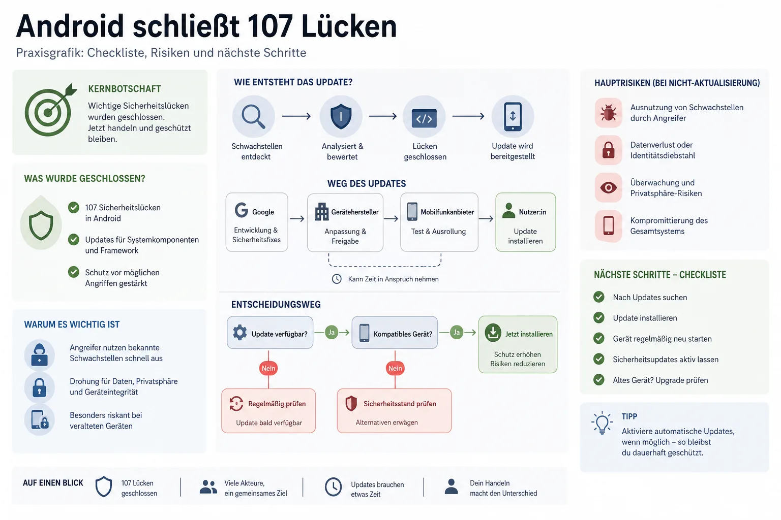 Android schließt 107 Lücken: Praxis-Checkliste mit Risiken und nächsten Schritten.