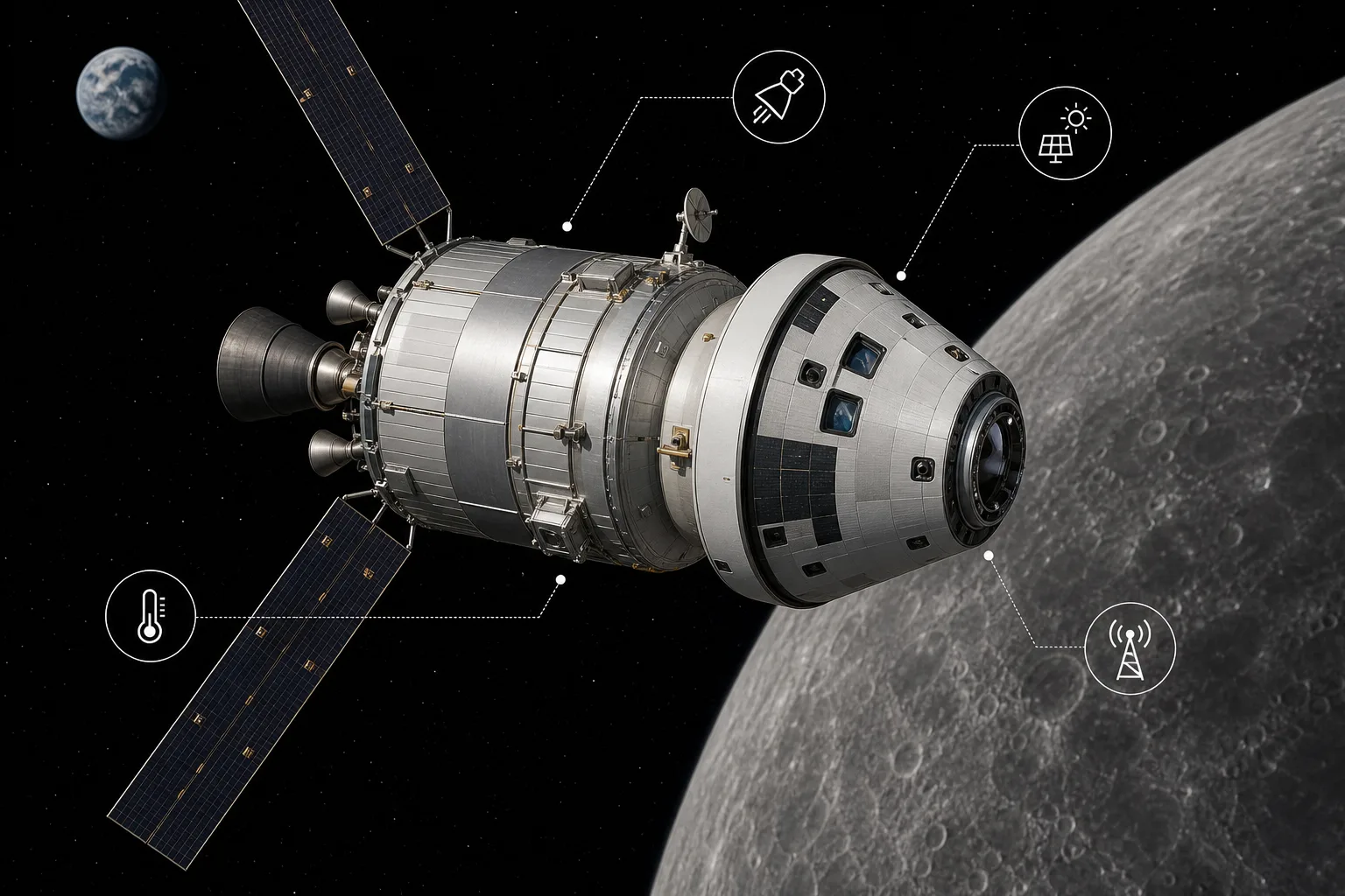 Illustration einer Orion-Raumkapsel mit Servicemodul auf dem Weg zum Mond, mit markierten Techniksystemen.