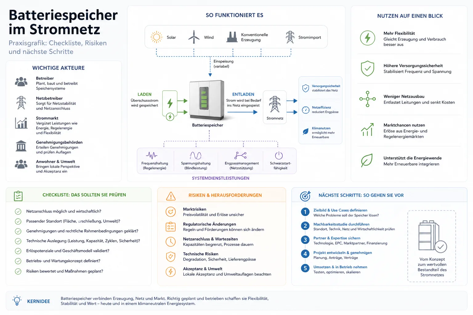 Batteriespeicher im Stromnetz: Praxis-Checkliste mit Risiken und nächsten Schritten.