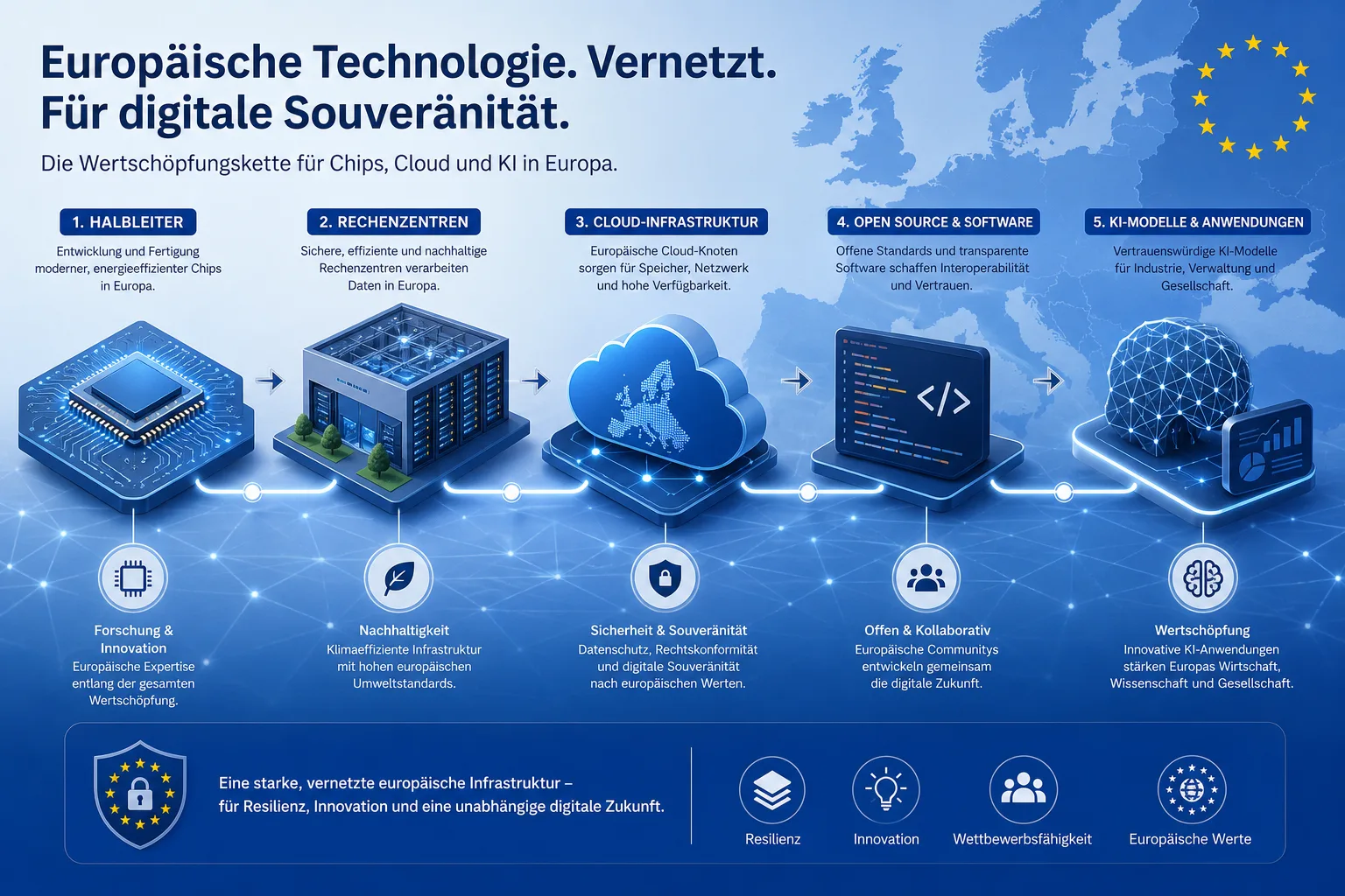 digitale Wirtschaft und Technologiepolitik: redaktionelle Visualisierung mit Datenflüssen, Risiken und Unternehmensprozessen