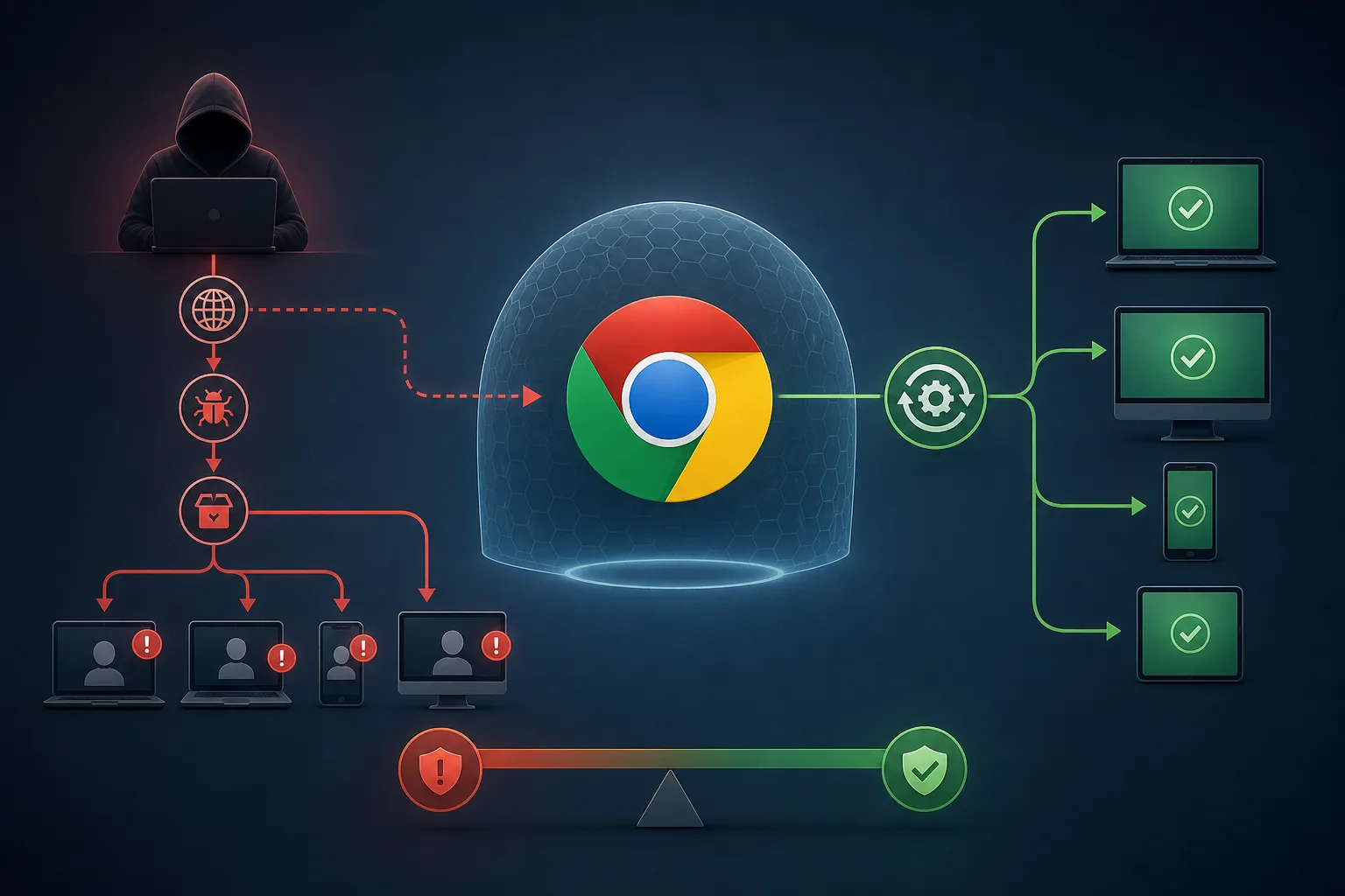 Chrome-Update wegen aktiver Angriffe: Chrome-Update wegen aktiver Angriffe: Überblick über Akteure und Zusammenhänge.
