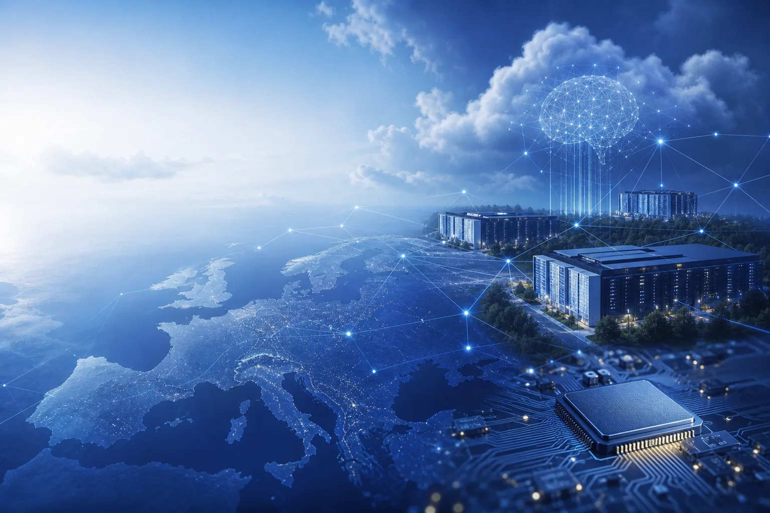 digitale Wirtschaft und Technologiepolitik: redaktionelle Visualisierung mit Datenflüssen, Risiken und Unternehmensprozessen