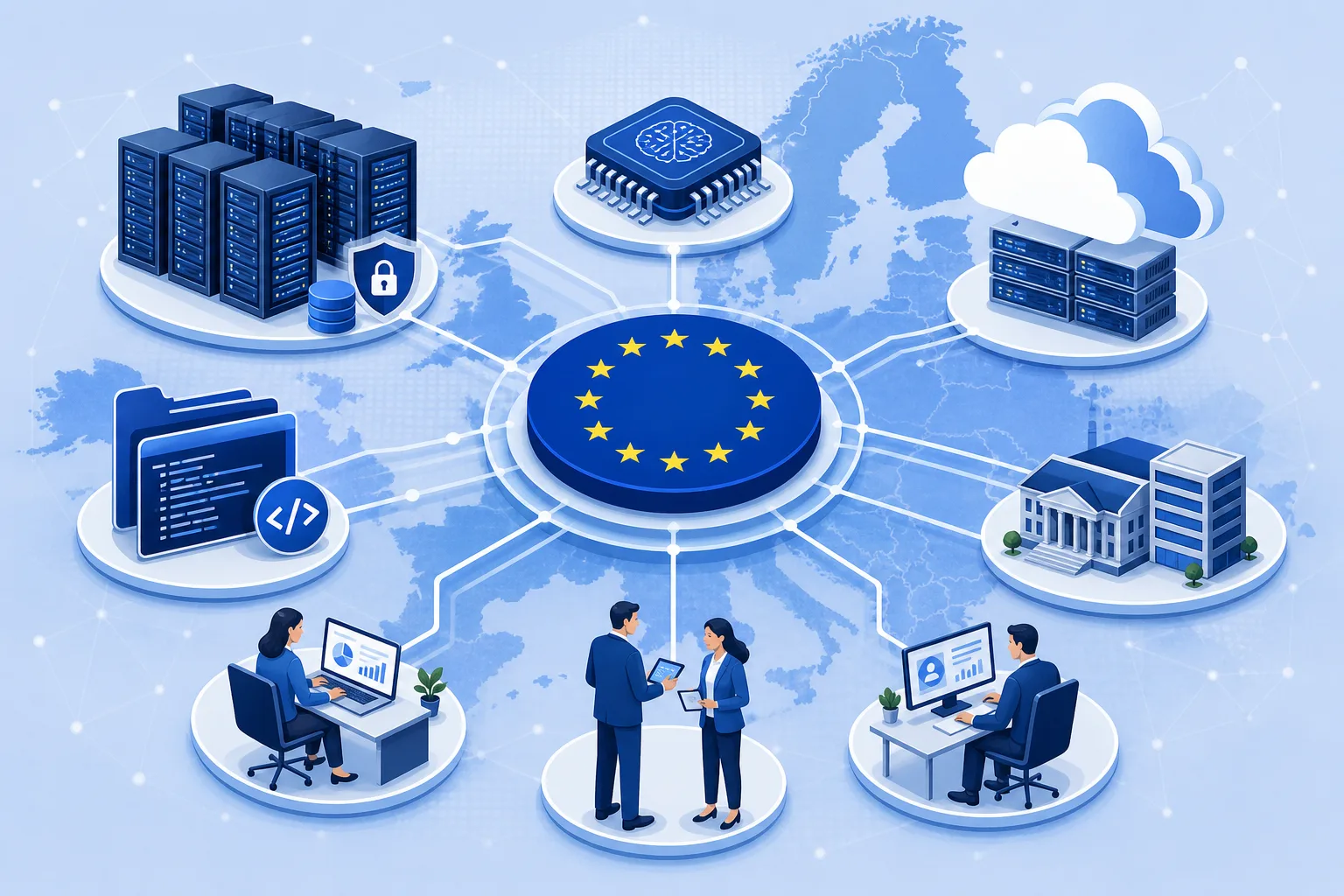 digitale Wirtschaft und Technologiepolitik: redaktionelle Visualisierung mit Datenflüssen, Risiken und Unternehmensprozessen