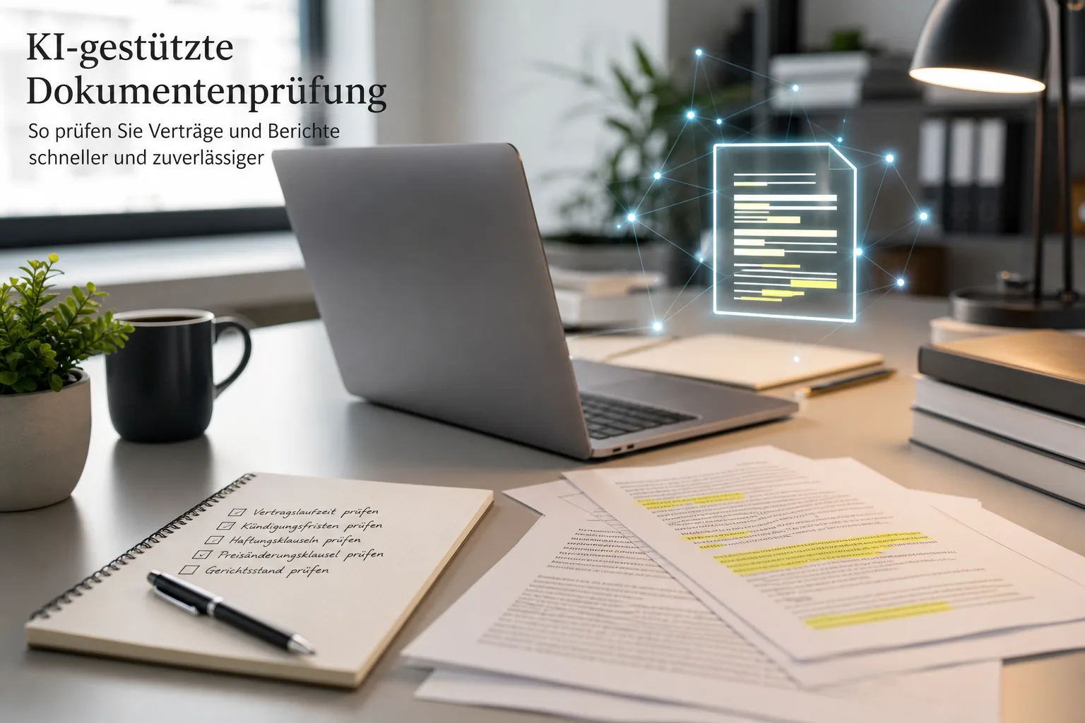 Laptop, Dokumente und Prüfliste für einen KI-gestützten Büro-Workflow.