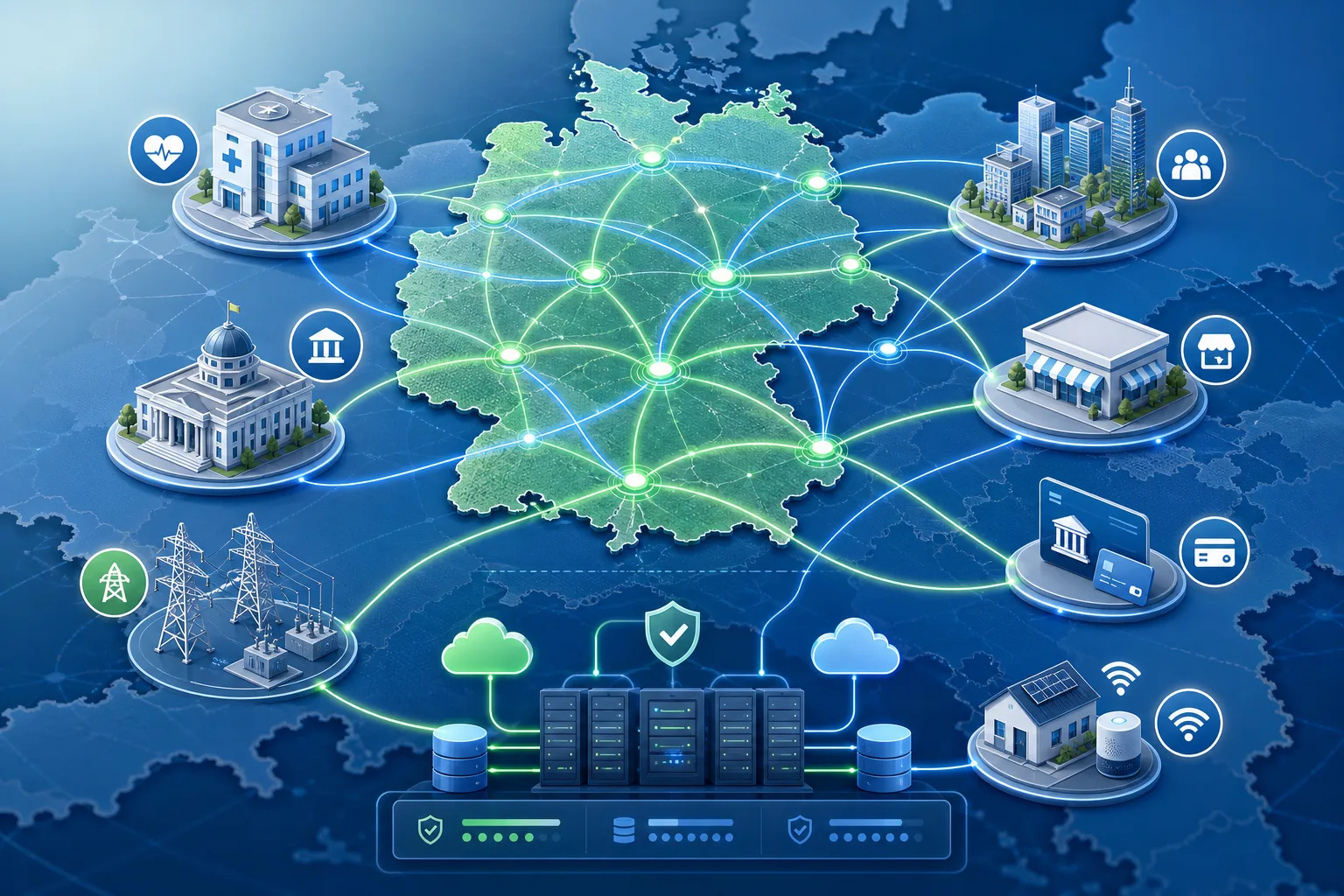 Vernetzte Symbole für Klinik, Verwaltung, Energie, Mittelstand und Haushalt zeigen digitale Resilienz als Schutzschicht für Alltagsdienste.